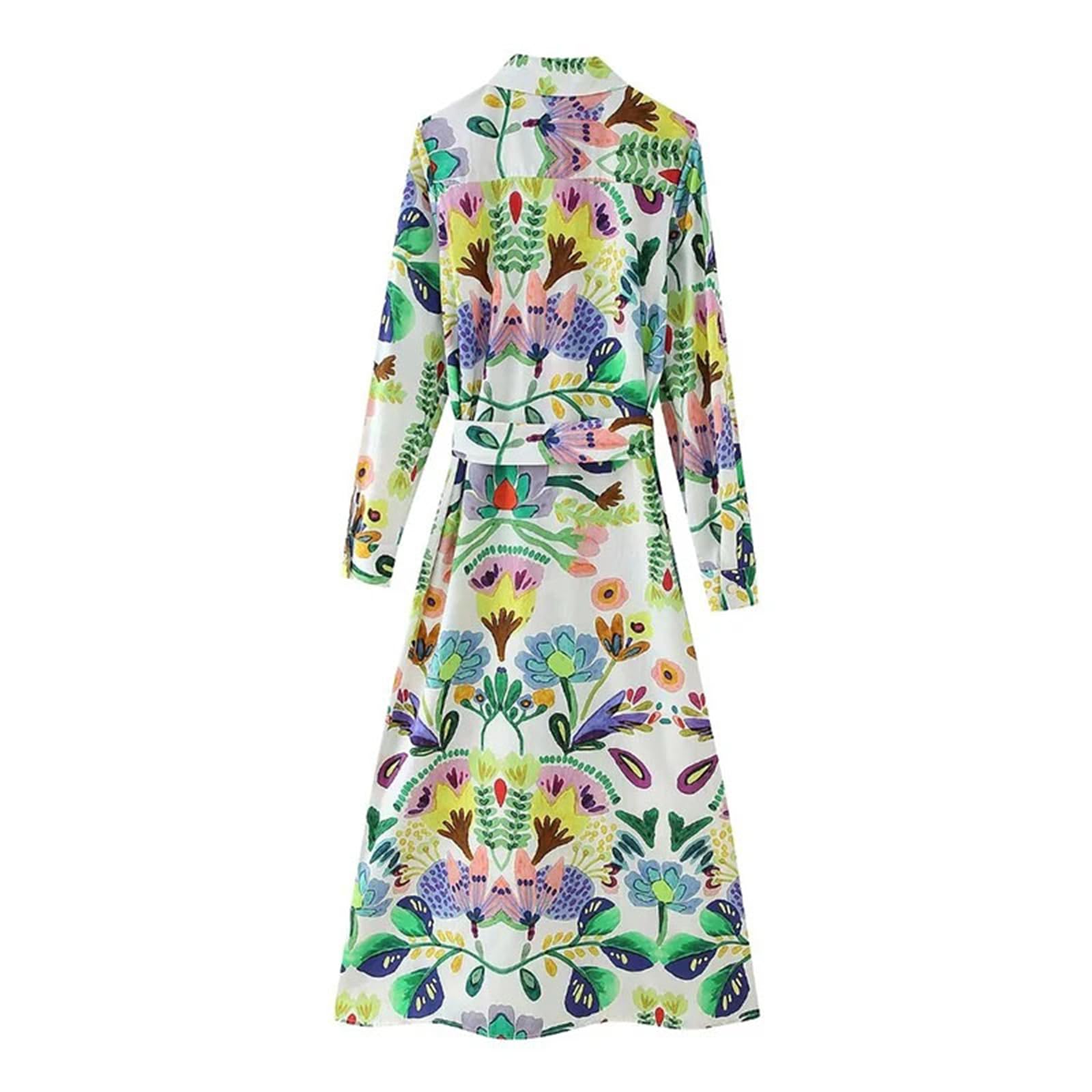 Floral Print Long Sleeve Midi Dress for Women - Summer Button Down Maxi Dress with Belt | Perfect for Beach Vacations, Date Nights & Casual Outings