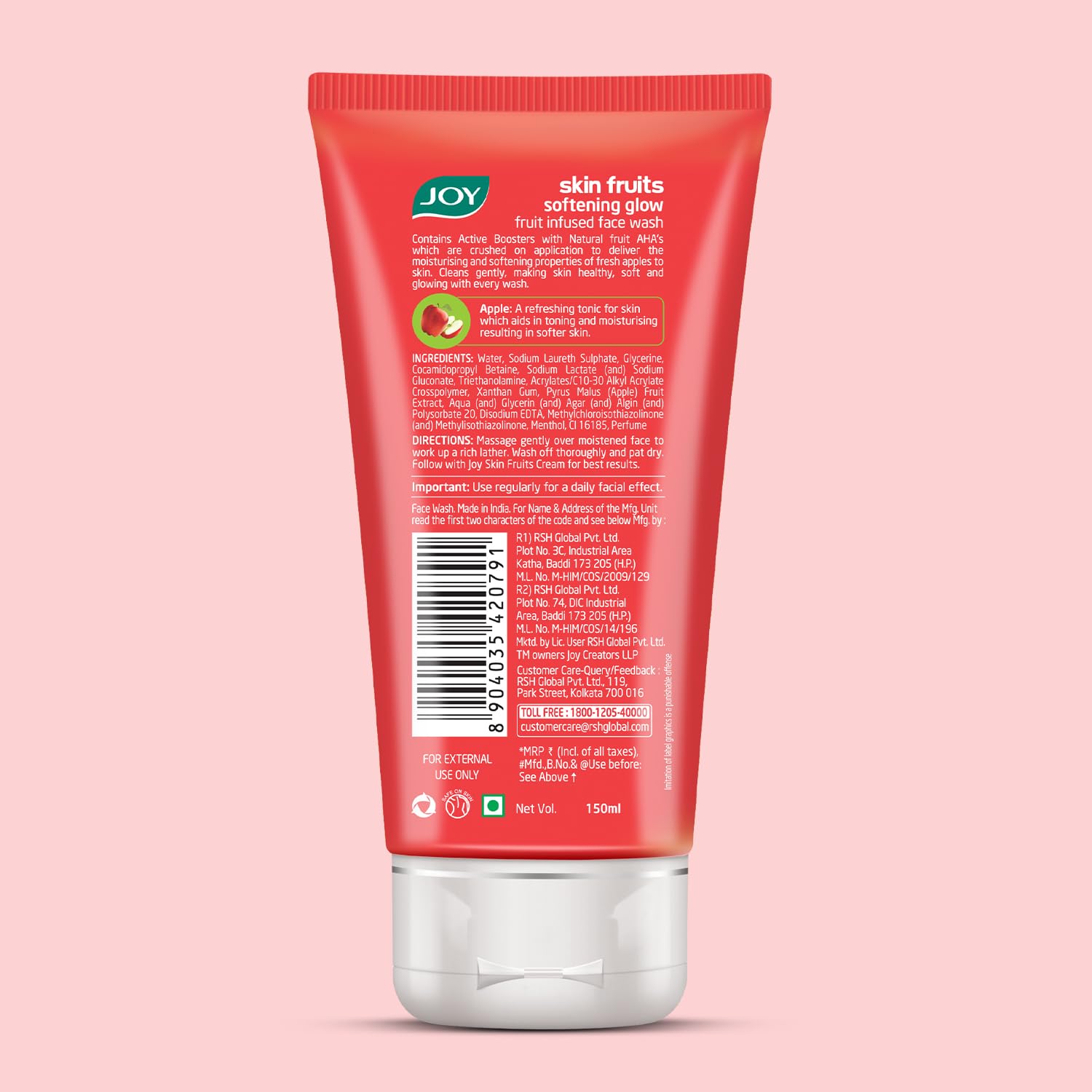 Joy Skin Fruits Softening Glow Apple Face Wash - Deep Cleansing & Hydrating Facial Cleanser for All Skin Types (150ml) - Gentle Exfoliation for Daily Skincare Routine & Glowing Complexion