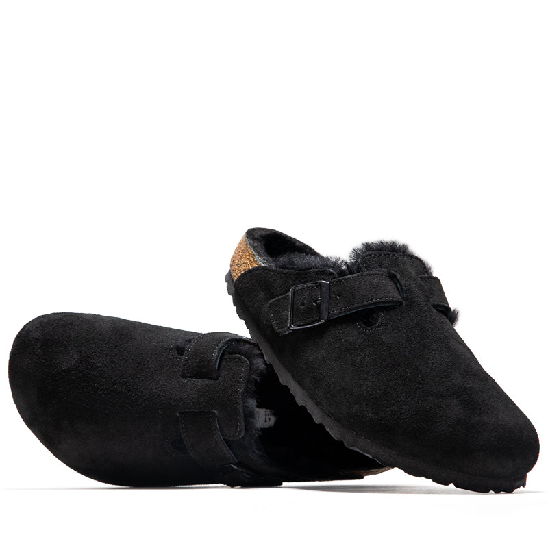 Birkenstock Boston Shearling Suede Clogs for Women & Men - Soft Black Comfort Shoes for Home, Office & Casual Wear