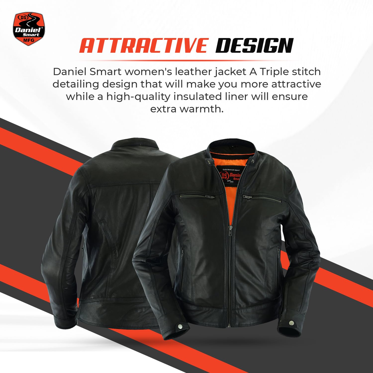 Daniel Smart Women's Classic Goatskin Motorcycle Jacket - Triple Stitch Detailing & Armory Pocket | Perfect for Biker Rides, Casual Outfits & Fashion Streetwear