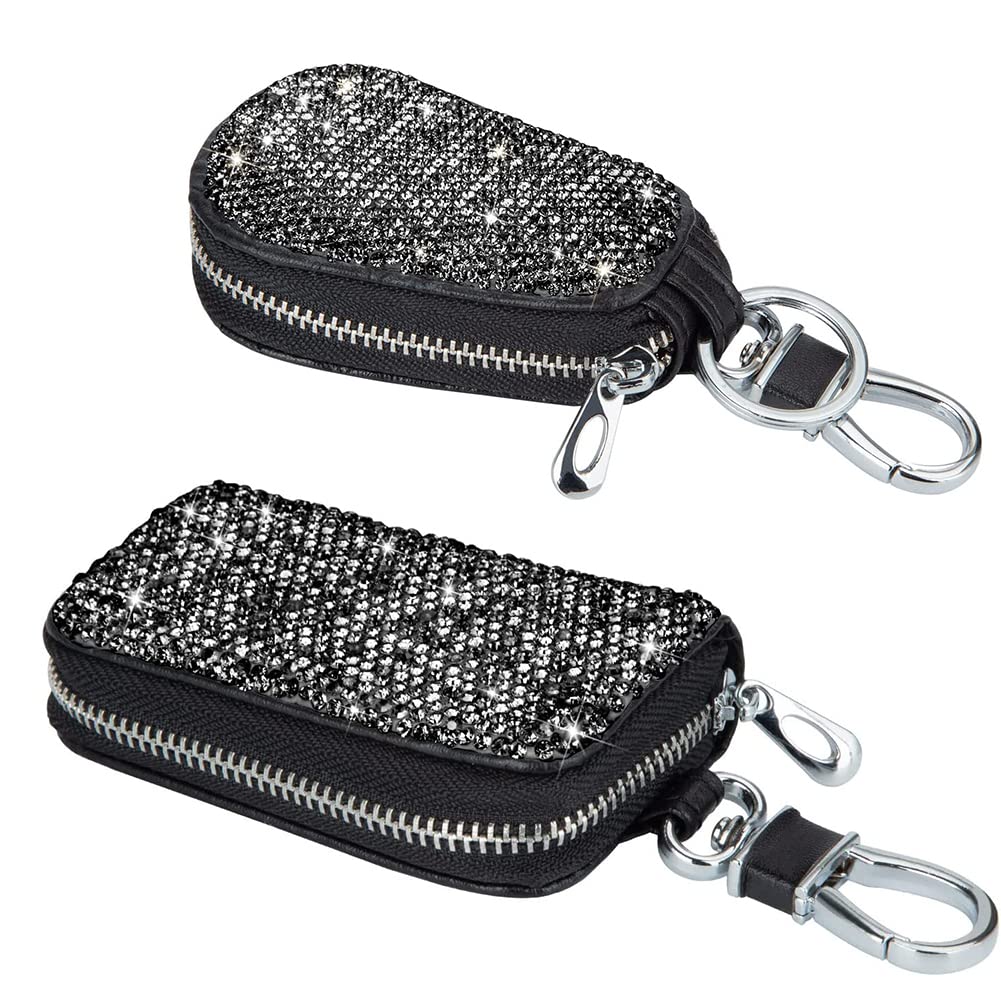 Premium Genuine Leather Car Key Chain Case with Zipper & Metal Hook - Remote Key Holder Wallet for Smart Keys - Black | Perfect for Key Organization & Vehicle Accessories