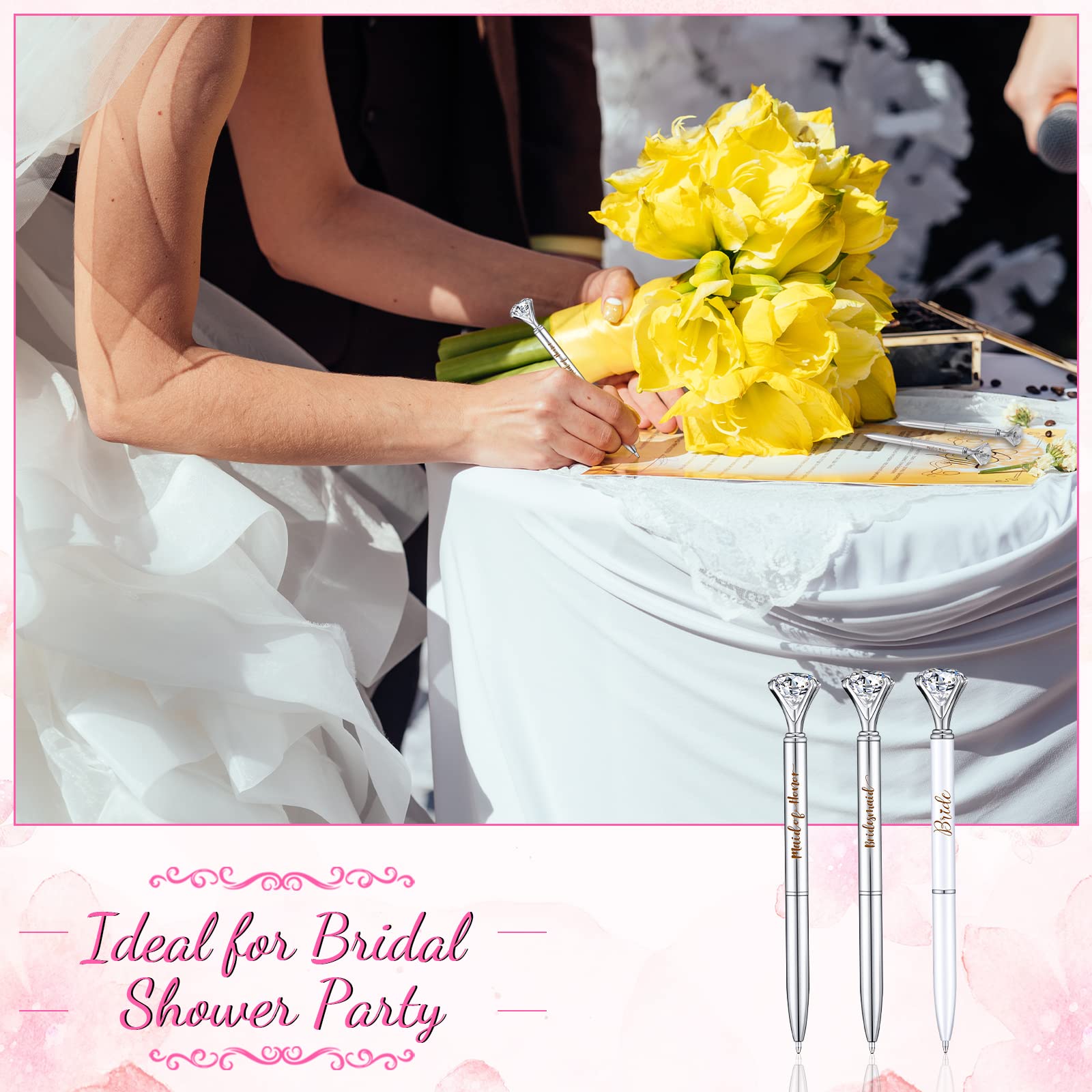 10 Pcs Elegant Diamond Ballpoint Pens for Bridal Shower & Wedding Party Favors - Silver & White Crystal Metal Pens with 10 Sheer Organza Bags - Perfect for Bridesmaid Gifts, Wedding Guest Favors & Special Occasions
