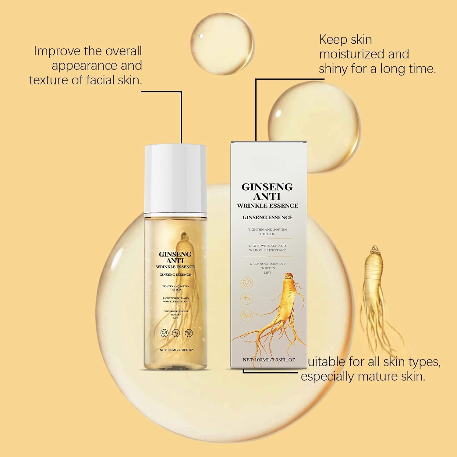 Premium Ginseng Anti-Aging Facial Serum with Ginseng Extract - Deep Hydration, Wrinkle Reduction & Skin Rejuvenation - Perfect for Night Routine & Mature Skin Care