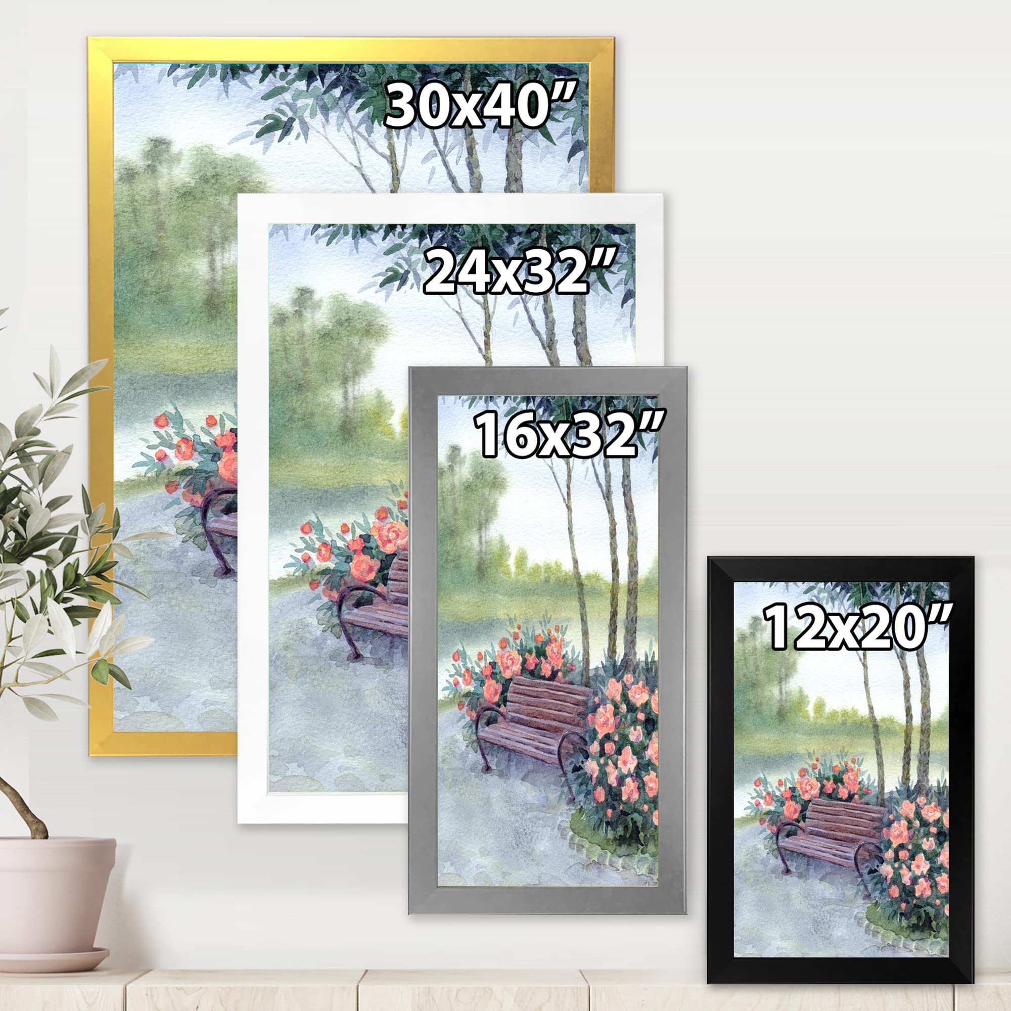 DesignQ Traditional Framed Wall Art - Park Bench by Pine Bushes Landscape Painting for Living Room, Bedroom & Office Decor