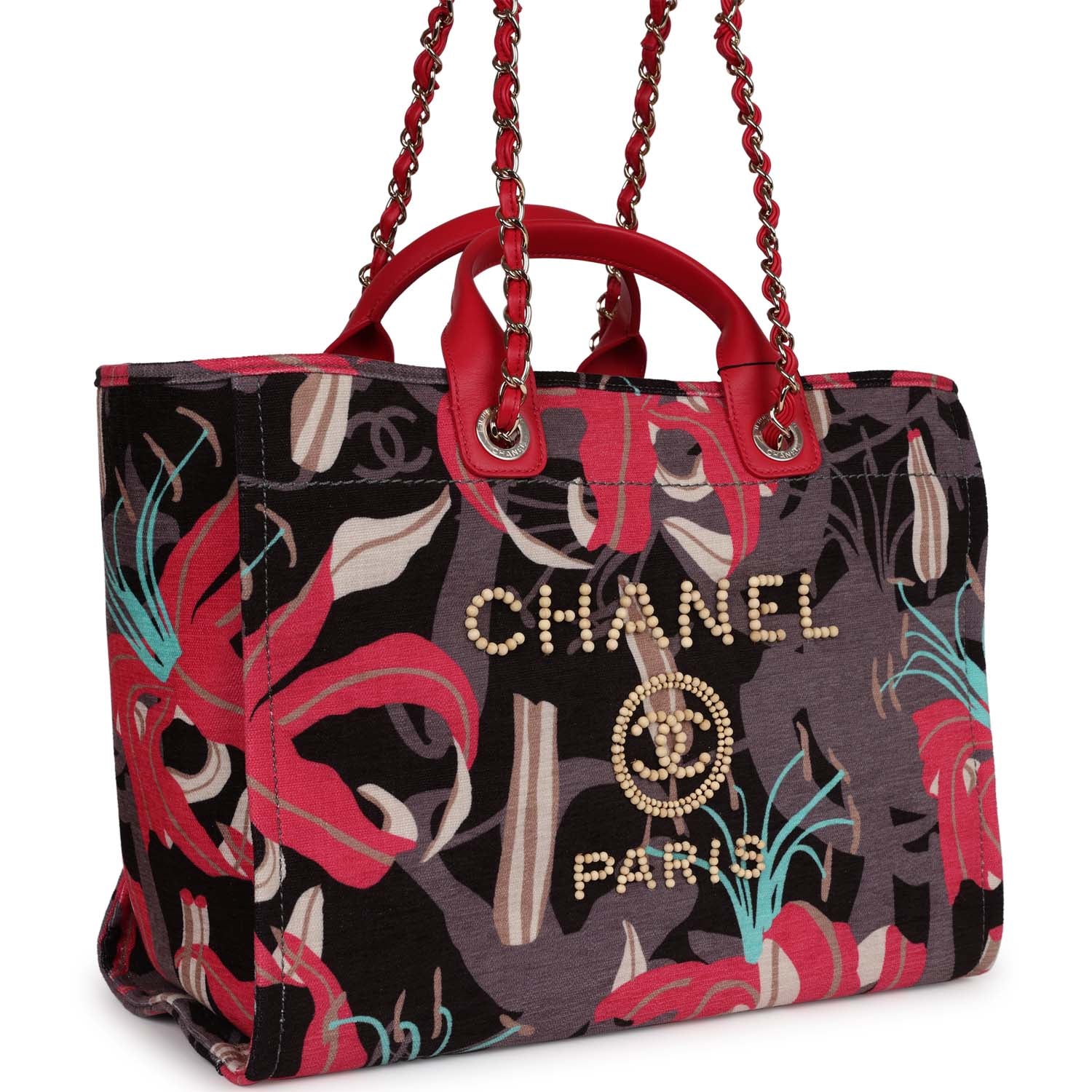 Chanel Medium Deauville Shopping Tote Bag - Grey & Pink Tropical Floral Velvet with Light Gold Hardware | Luxury Designer Handbag for Women, Perfect for Travel, Shopping & Everyday Use