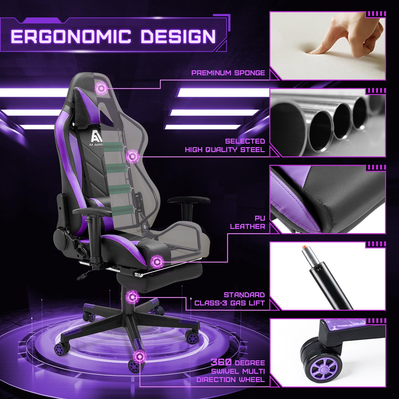 Premium Gaming Chair - Ergonomic High Back Racing Office Chair with Adjustable Lumbar Support & Footrest, 360° Swivel - Black Purple | Perfect for PC Gaming, Esports, Home Office & Streaming Setup