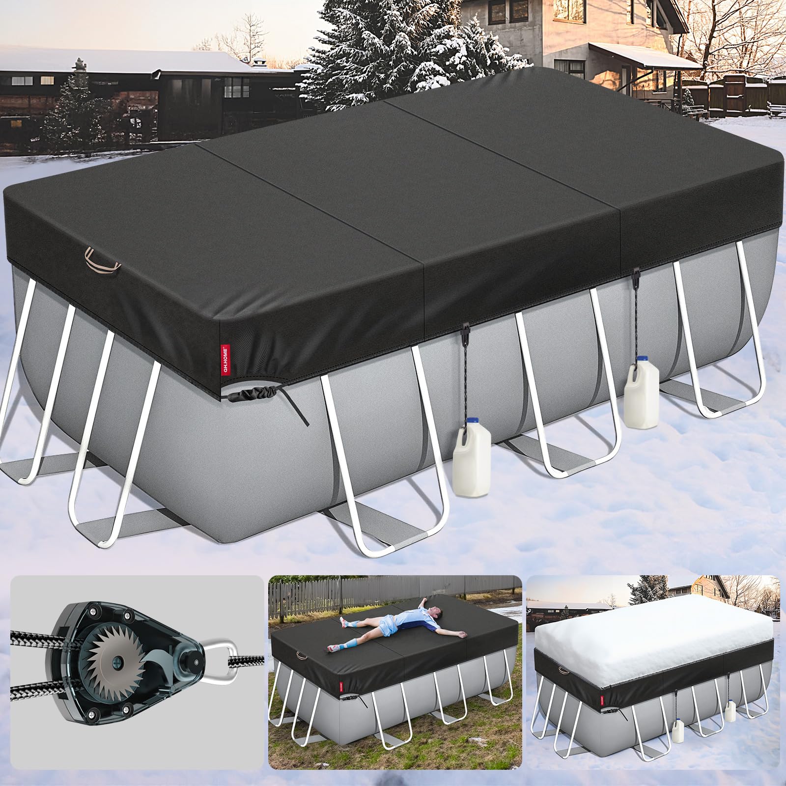 2024 Upgrade Super Windproof 12x24FT Rectangle Above Ground Pool Cover - Durable Tear-Resistant Winter Oval Pool Cover with Enhanced Ratchets & Tarp Clips - Perfect for Inground/Above Ground Pools, Hot Tubs, and Outdoor Water Features