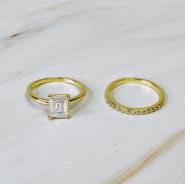 Emerald Cut Solitaire Ring Set of 2 - 14K Gold Wedding & Engagement Rings for Women - Perfect for Proposals, Anniversaries & Special Occasions