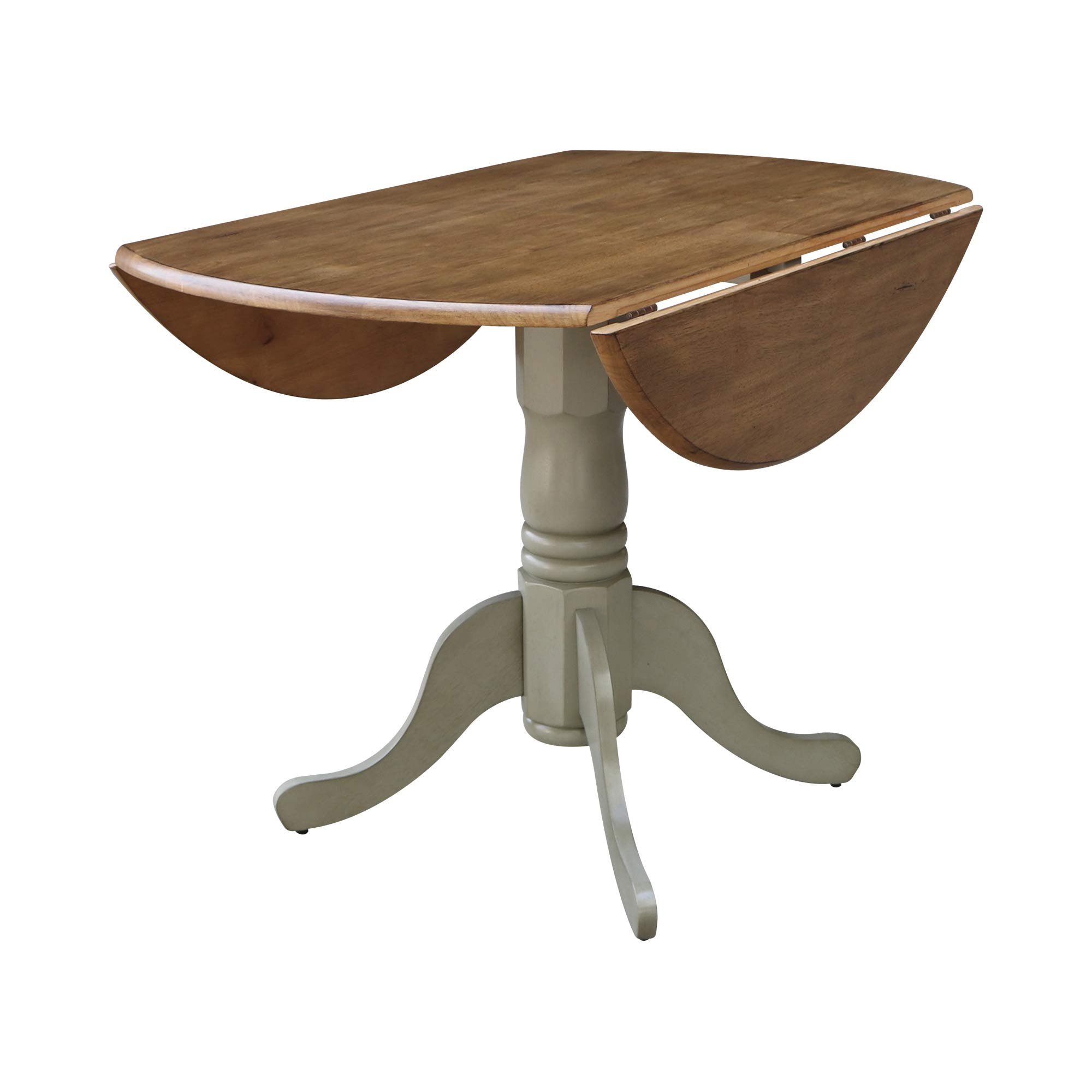 IC International Concepts 42-Inch Round Dual Drop Leaf Pedestal Dining Table - Solid Real Parawood with Distressed Hickory/Stone Finish | Perfect for Small Spaces, Kitchen Nooks & Cozy Dining Rooms