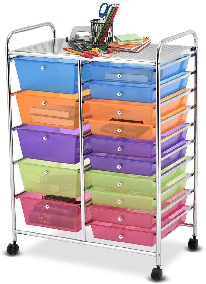 15-Tier Rolling Storage Cart with 4 Wheels - Moccha Drawer Organizer for Cosmetics, Office Supplies & Files | Perfect for Home, Studio & Office Organization (Rainbow) - Ideal for Makeup Storage, Craft Room & Workspace Organization