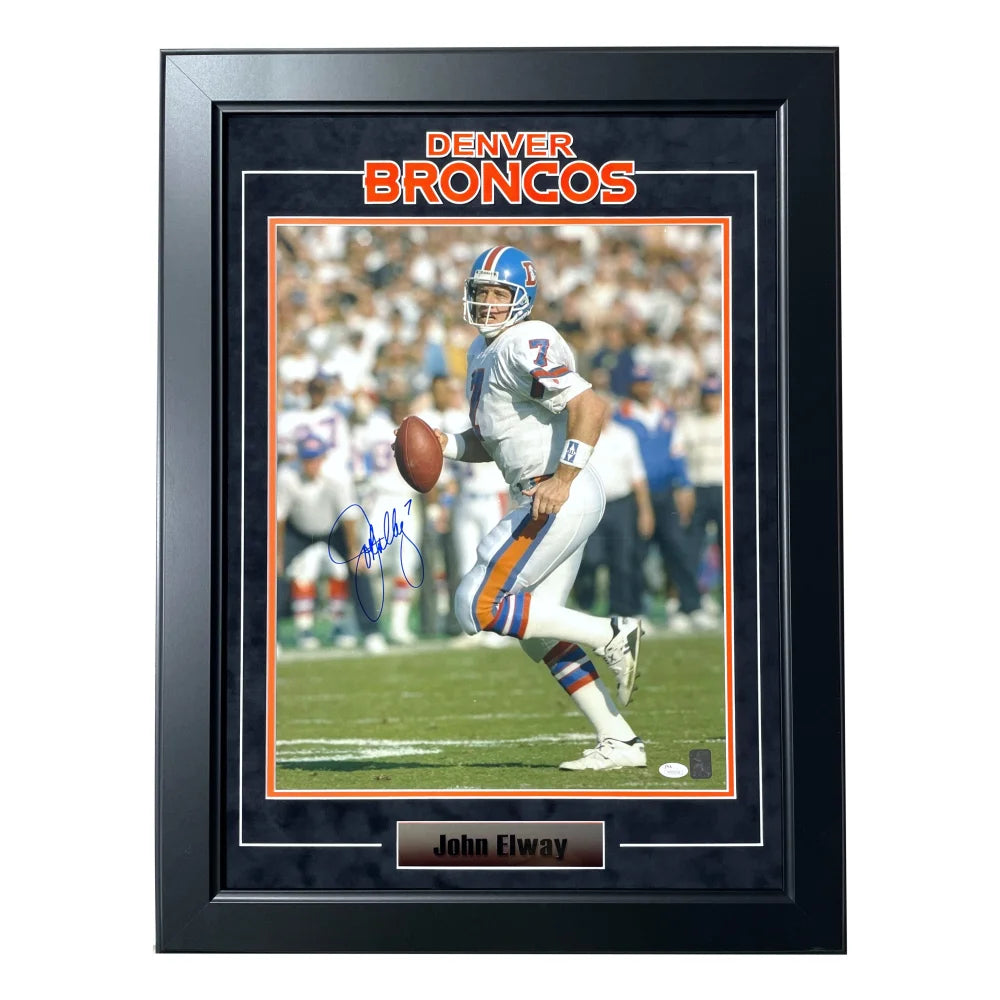 John Elway Autographed Denver Broncos 16x20 Framed Photo with JSA COA - Vintage NFL Collectible for Sports Memorabilia Displays & Man Cave Decor