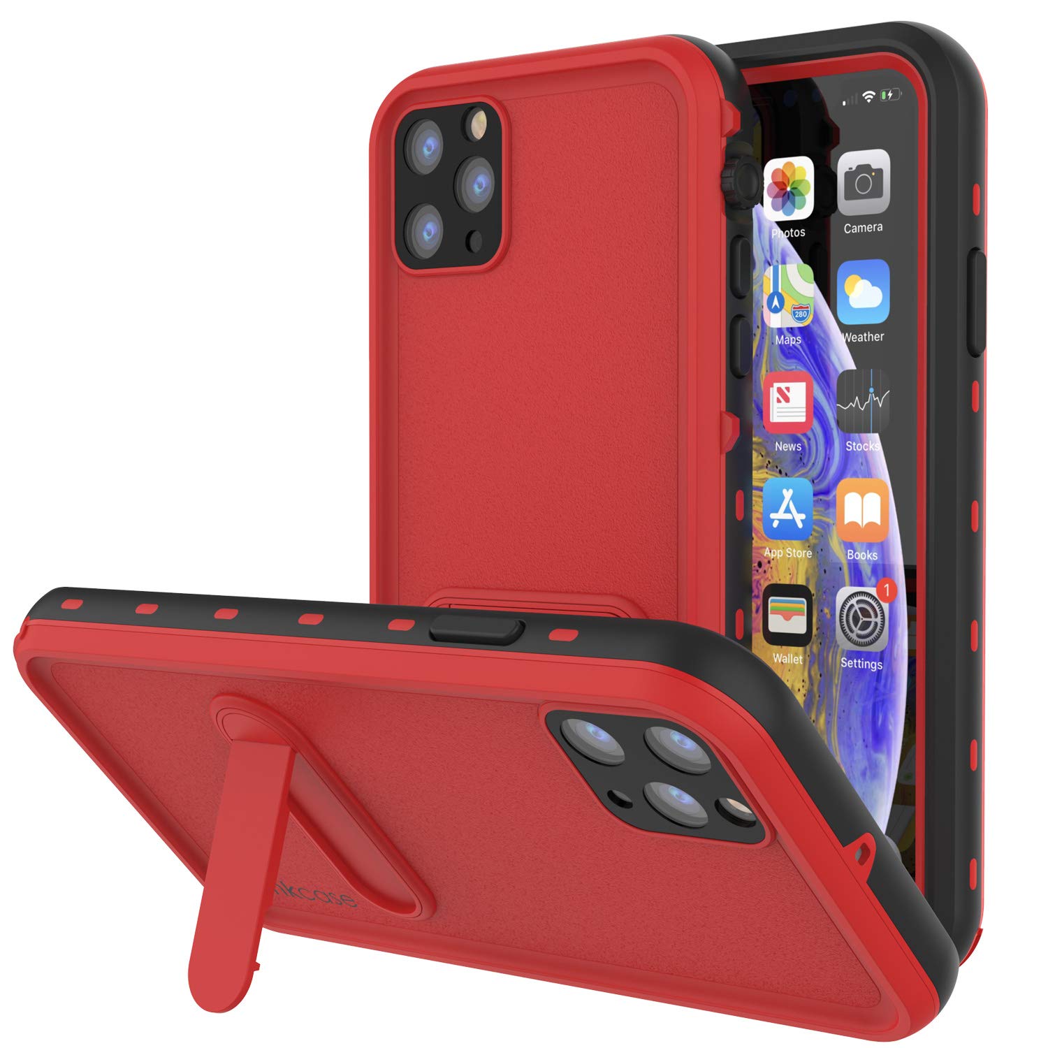 **Punkcase Waterproof iPhone 11 Pro Max Case – Slim Fit IP68 Certified Shockproof Armor Cover with Built-in Screen Protector & Kickstand [KickStud Series] – Perfect for Outdoor, Sports & Travel (Red)**