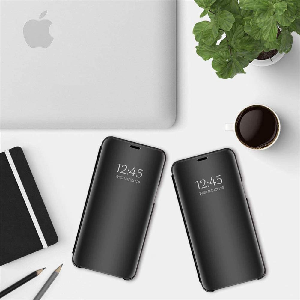 Premium Slim Mirror Flip Case for iPhone 13 Mini - Shockproof Clear View Bookstyle Cover with Kickstand | PU Leather Protective Phone Case (Black) | Perfect for Work, Travel & Everyday Use