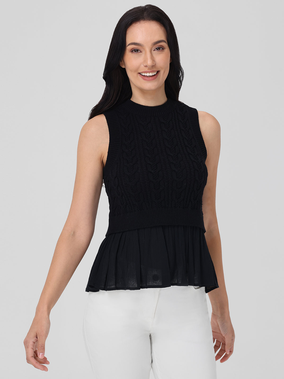 Camilia Mixed Media Cable Knit Tank Top for Women - Stylish Layering Piece for Casual Outfits and Office Wear