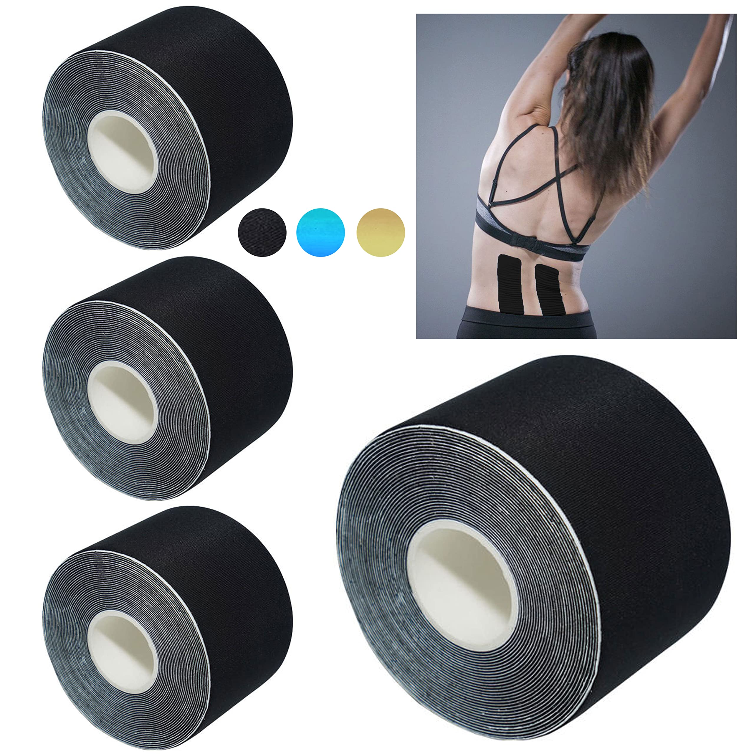 4 Rolls Kinesiology Tape (2 Yards Each) - Waterproof Sports Athletic Tape for Muscle Pain Relief, Joint Support & Injury Recovery - Stretchy, Skin-Friendly Adhesive Bandage - Ideal for Workouts, Running, Yoga & Physical Therapy (Set of 4)