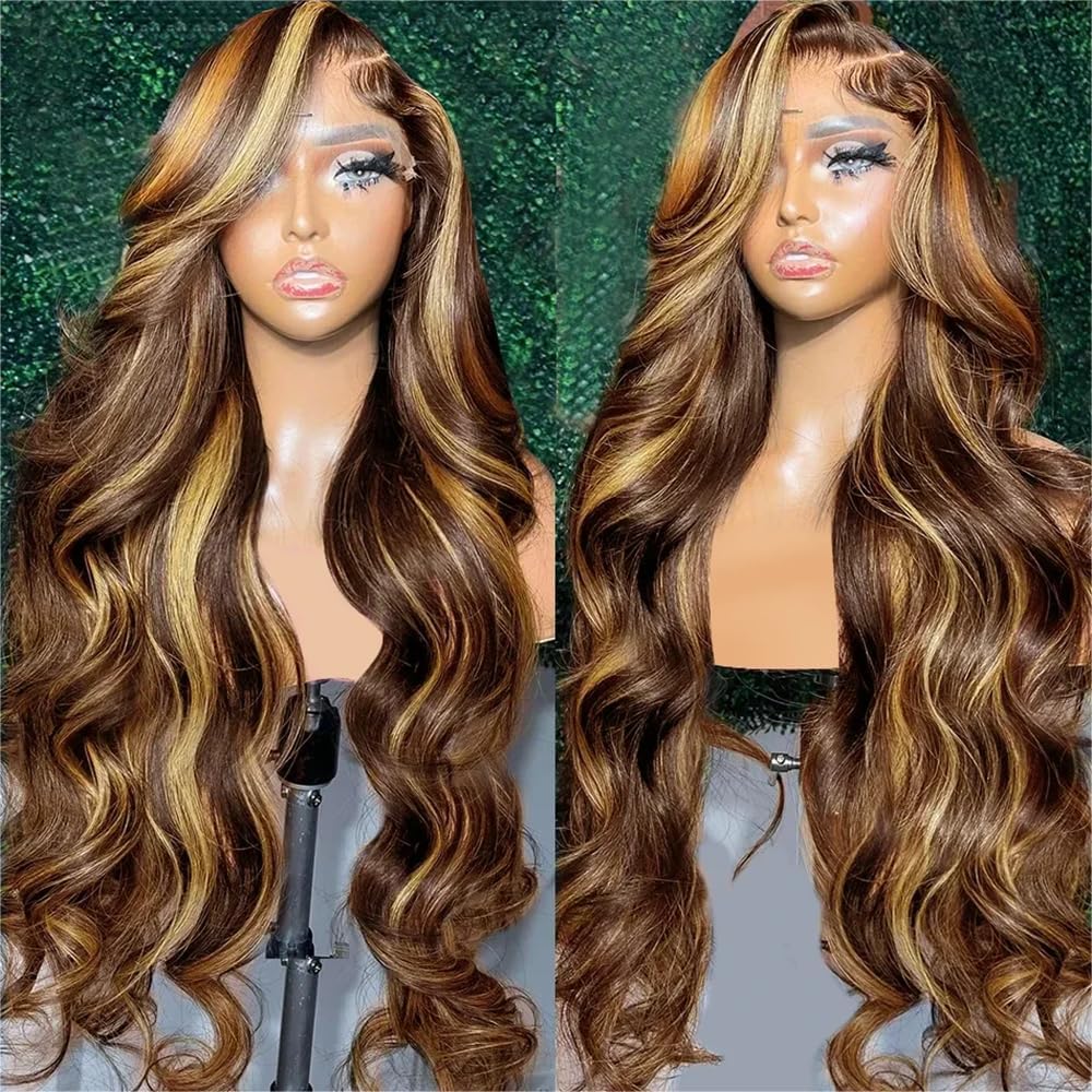 26 Inch Ombre Lace Front Wig Human Hair - 180% Density 360 Lace - Honey Blonde HD Lace Front Wig with Body Wave & Balayage - Pre Plucked for Women - Perfect for Daily Wear, Parties & Special Occasions