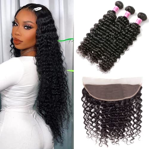 Brazilian 10A Deep Wave Human Hair Bundles with 13x4 Lace Frontal - 100% Unprocessed Virgin Hair, Wet & Wavy Curly Bundles for Natural Look - Perfect for Protective Styles, Weaves, and Everyday Glam