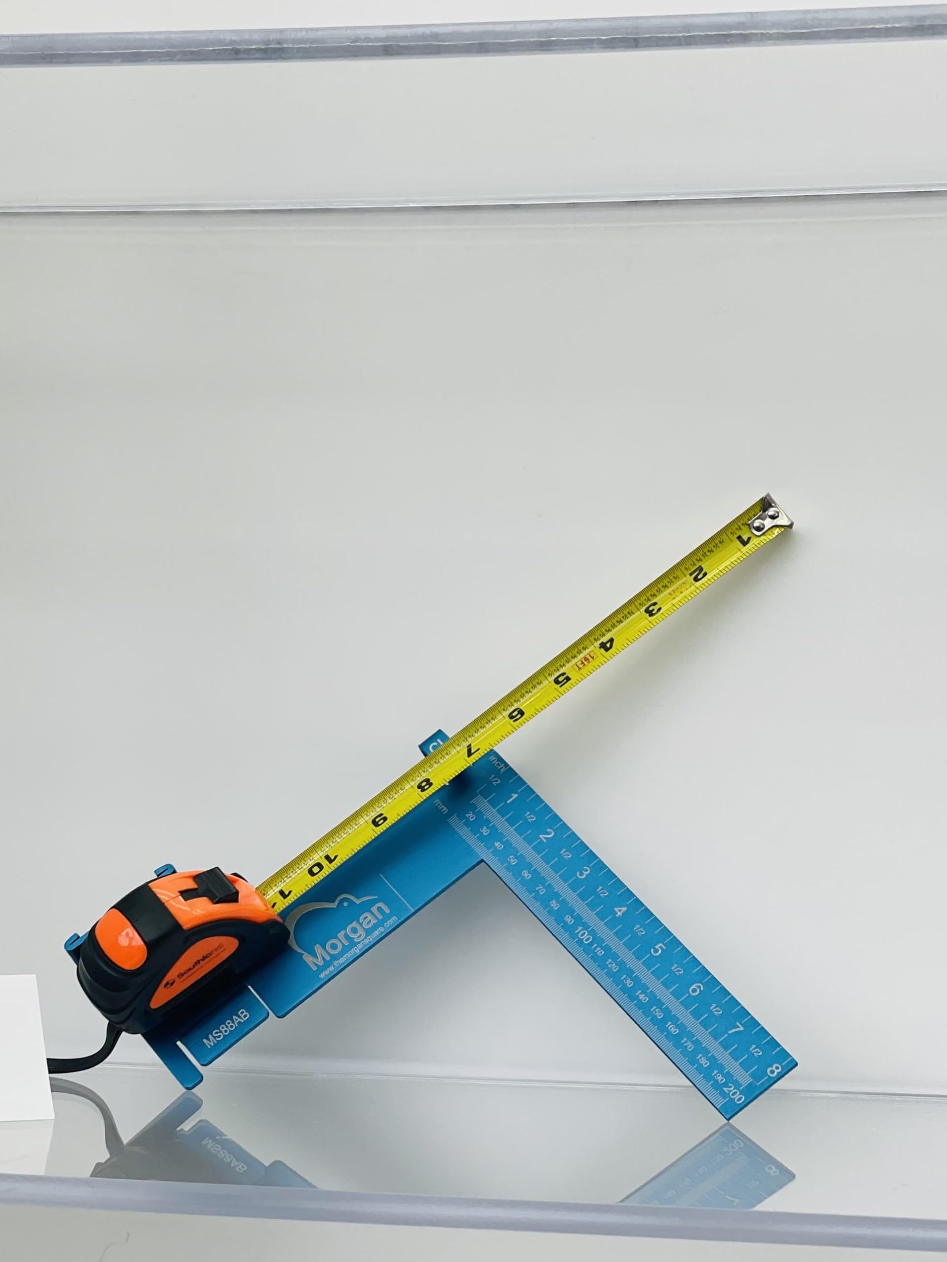 Kiwi Vision Morgan Square Blue 8-inch Measuring & Marking Tool - Centerline Mark, 1 1/2 Tongue, Pencil Holder - Imperial & Metric Scales - Compatible with Standard Tape Measures - Perfect for Woodworking, Carpentry & DIY Projects