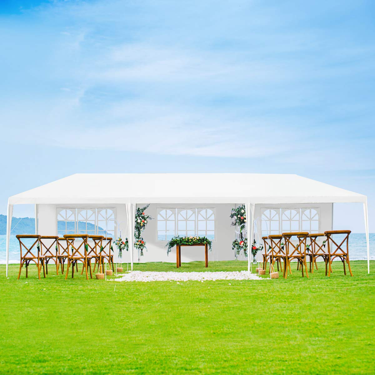 10FT x 30FT Heavy Duty Outdoor Wedding Party Tent with 5 Removable Sidewalls & Transparent Windows - Waterproof Instant Canopy Pavilion for Camping, BBQ, Backyard Events, and Outdoor Gatherings