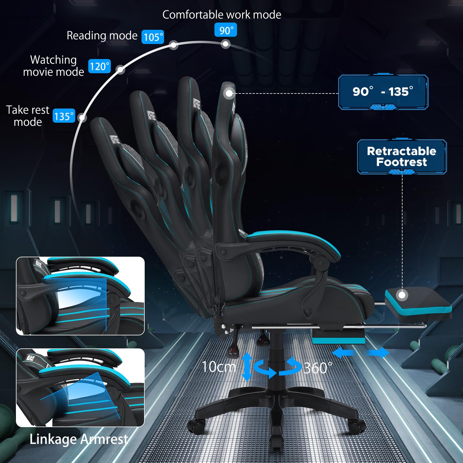 HOFFREE Ergonomic Gaming Chair with Built-in Bluetooth Speakers & Massage - Big and Tall Reclining Office Chair with Footrest, 400lbs Weight Capacity (Blue & Black) - Perfect for PC Gaming, Home Office & Streaming Setup