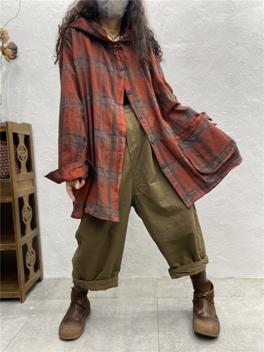 Plus Size Women's Vintage Plaid Hooded Shirt Jacket - Spring Fashion Outerwear for Casual Outings & Layering