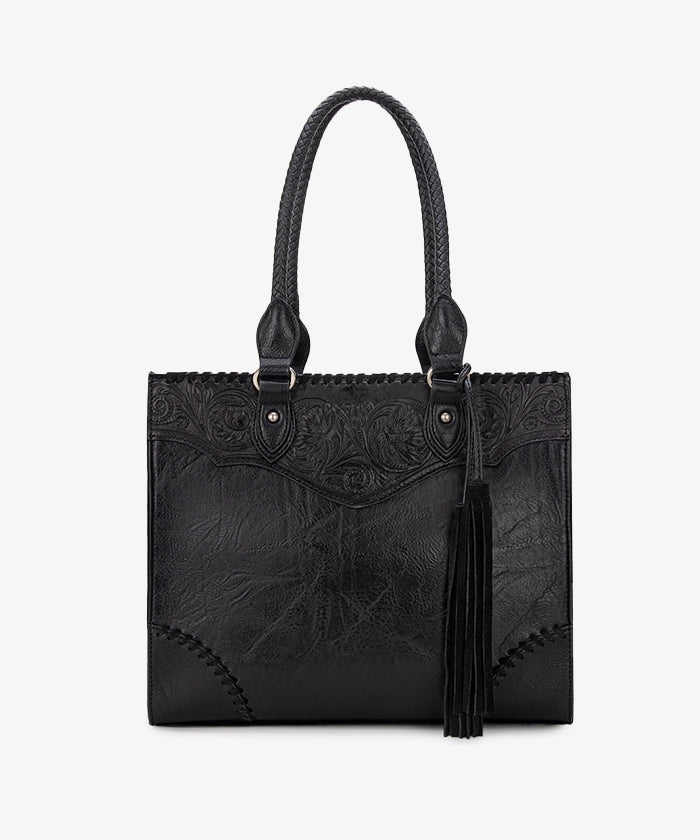 Montana West Genuine Leather Tooled Fringe Tote Bag for Women - Stylish Western Handbag for Work, Travel & Everyday Use