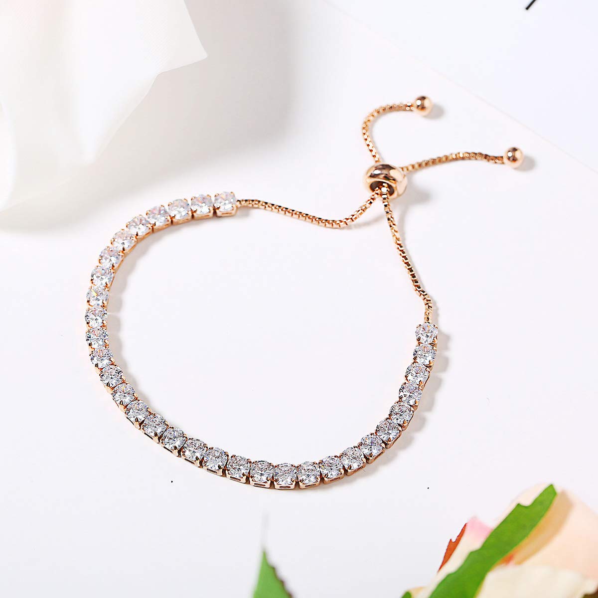 PRETTERY Adjustable White Gold & Rose Gold Plated Cubic Zirconia Tennis Bracelet for Women & Girls - Elegant Jewelry Gift for Anniversary, Birthday & Special Occasions
