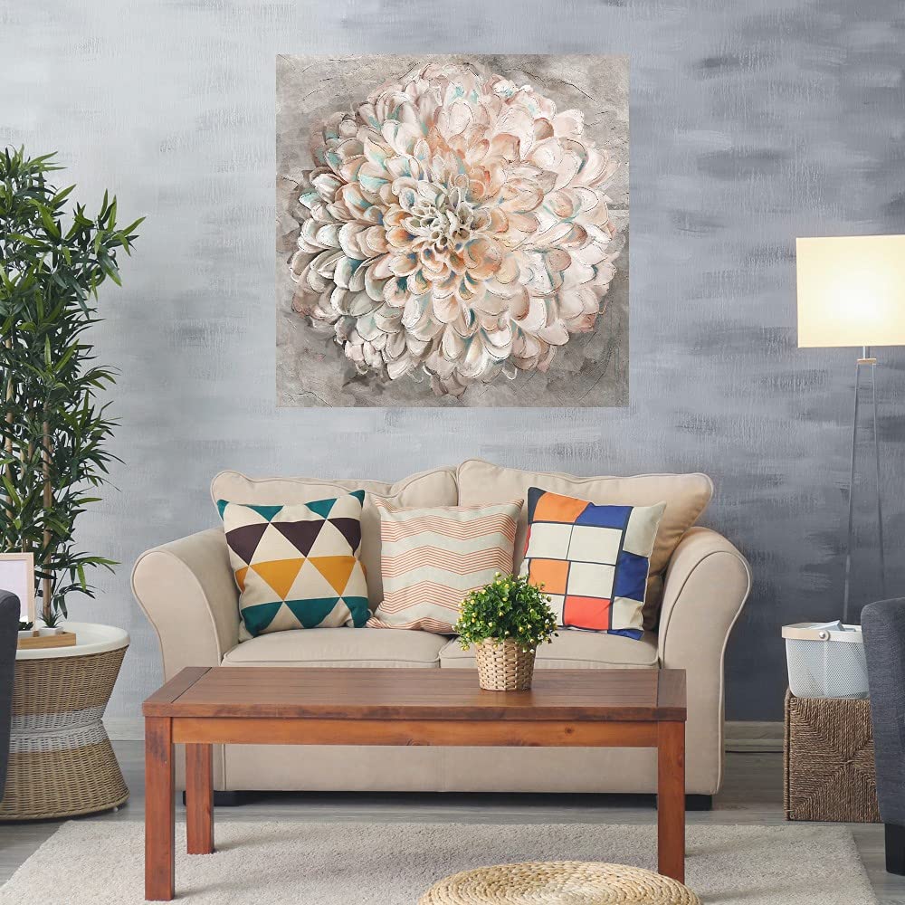Confetti Dahlia Botanical Canvas Wall Art - 37x37 Inch Handmade Floral Painting for Bathroom & Bedroom Decor - Perfect for Home, Office, or Spa Interior Design