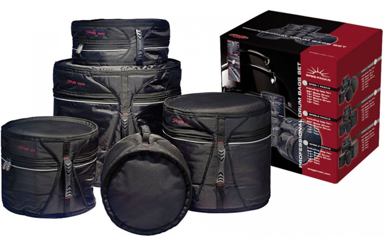 Stagg SPBS-2 5-Piece Professional Drum Bag Set for Drummers - Heavy Duty Protection for Snare, Tom, Bass & Cymbal - Perfect for Gigging, Touring & Music Studio Use