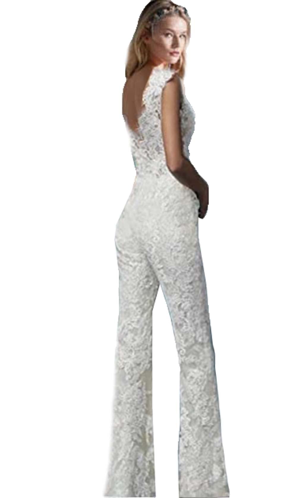 Elegant Lace Wedding Gown with Detachable Train - Bridal Jumpsuit Pants Dress with Appliques | Perfect for Beach Weddings, Vow Renewals & Romantic Photoshoots