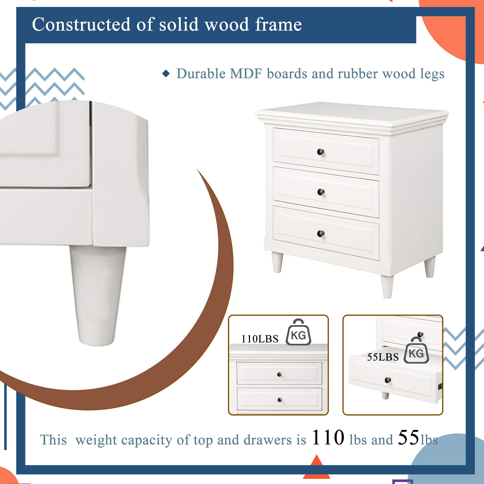 Knocbel Modern 3-Drawer Nightstand - Solid Wood Bedside Table, End Table for Living Room & Bedroom - Fully Assembled, 28.1