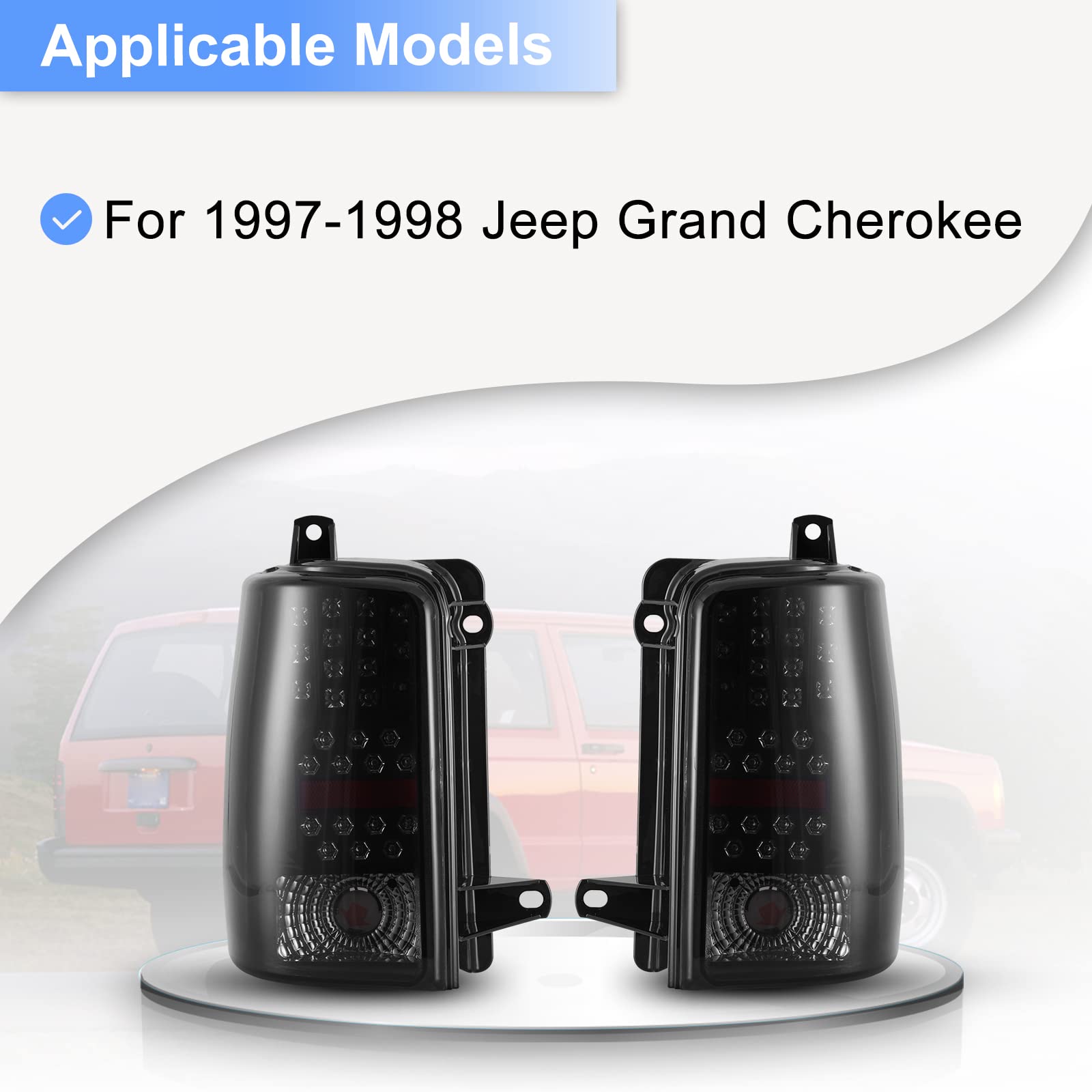 ROXX LED Tail Lights Assembly for 1997-1998 Jeep Grand Cherokee - Pair of Rear Lamps with LED Turn Signals, Brake Lights, Reverse Light & DRL - Driver & Passenger Side Replacement - Perfect for Off-Roading, Night Driving & Vehicle Customization
