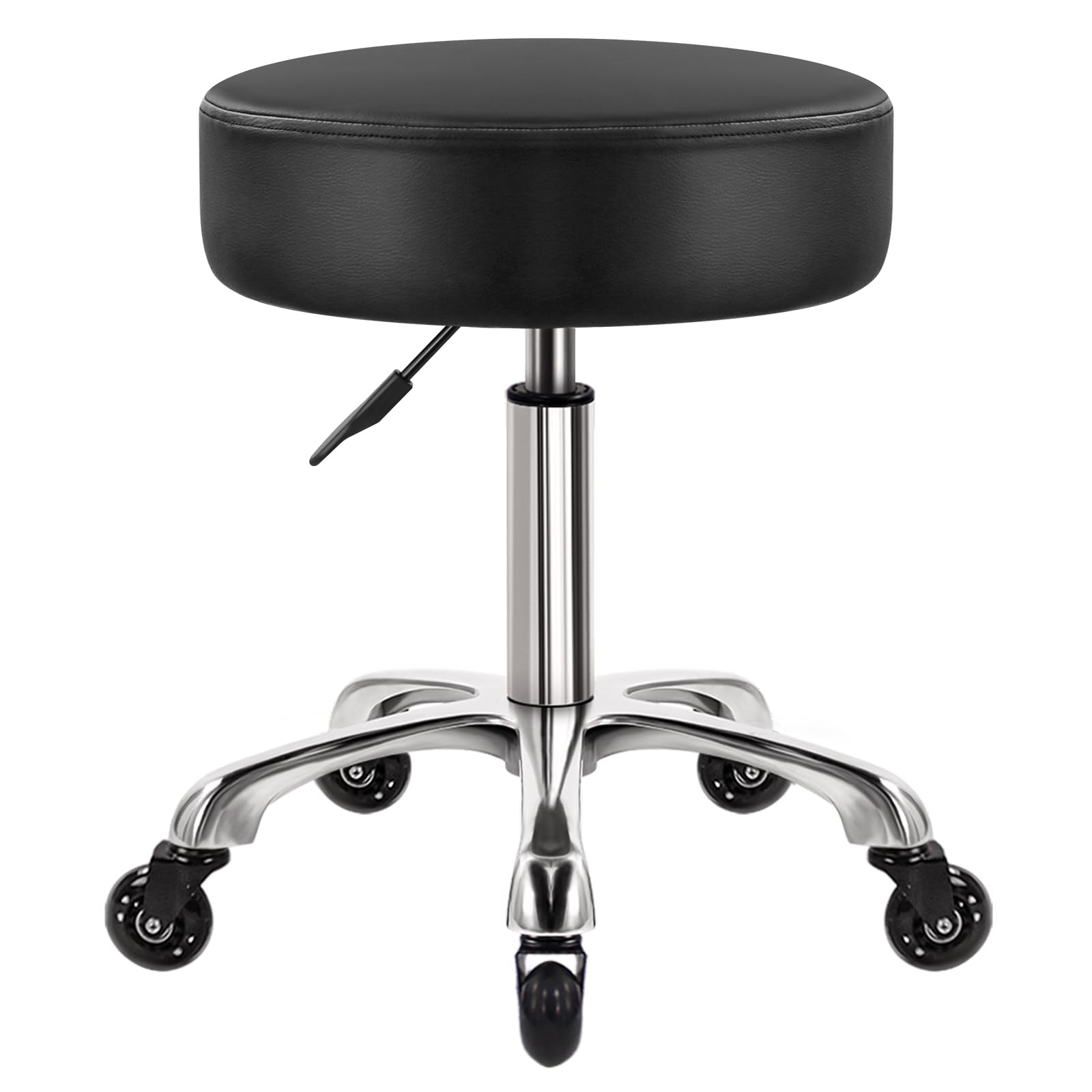 Heavy Duty Hydraulic Adjustable Rolling Stool with Wheels - Ergonomic Leather Swivel Chair for Kitchen, Office, Salon, Lab & Drafting - Black (Perfect for Hair Stylists, Chefs, Tattoo Artists & Office Workers)