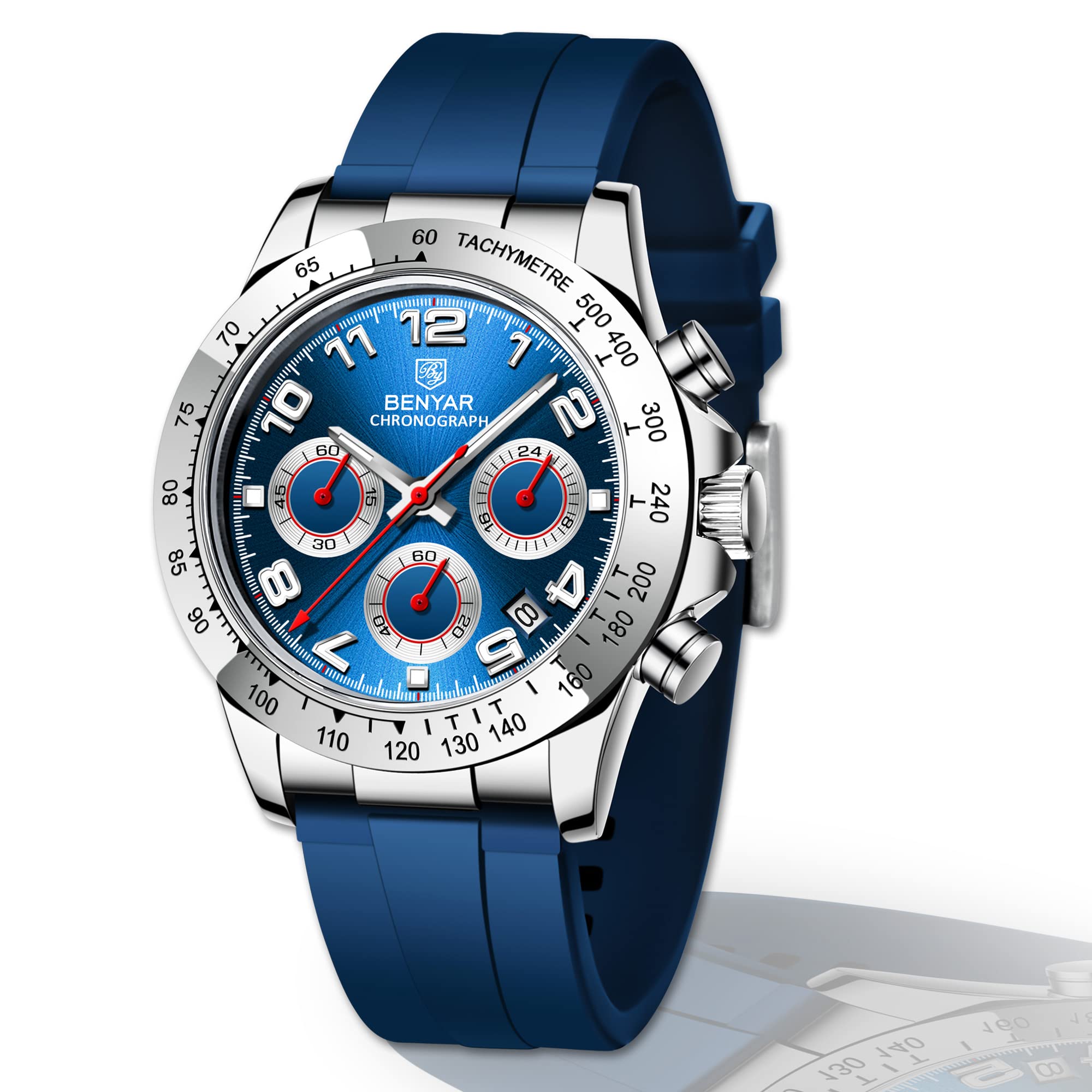 BENYAR Men's Chronograph Quartz Watch with Silicone Strap - Waterproof Sports Watch for Running, Gym & Casual Wear | Stylish Wristwatch for Men