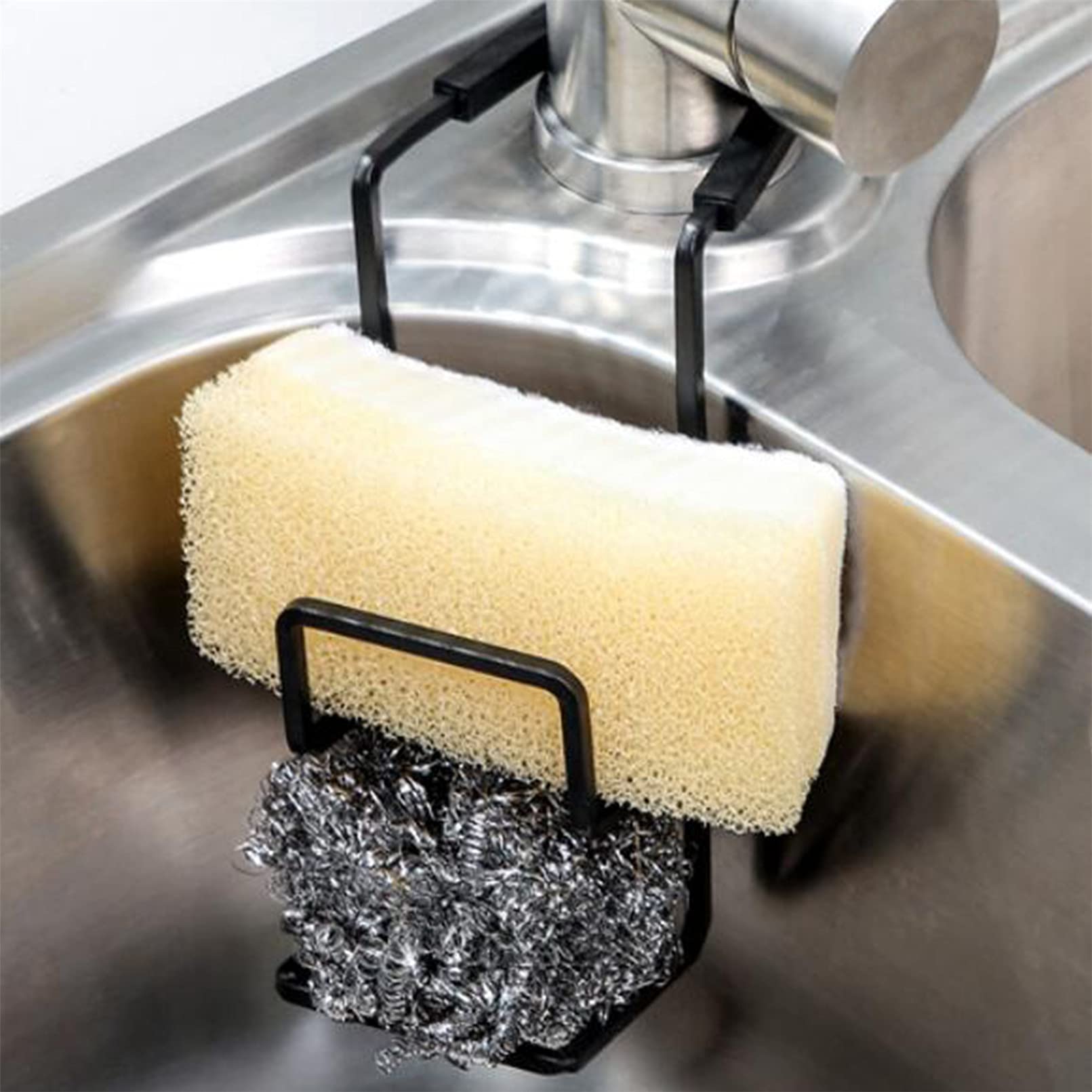 Stainless Steel Wall Mounted Kitchen Sponge Holder & Soap Tray - Durable Metal Sponge Caddy Organizer for Sink, Countertop - Perfect for Kitchen, Bathroom, RV & Office (Black)