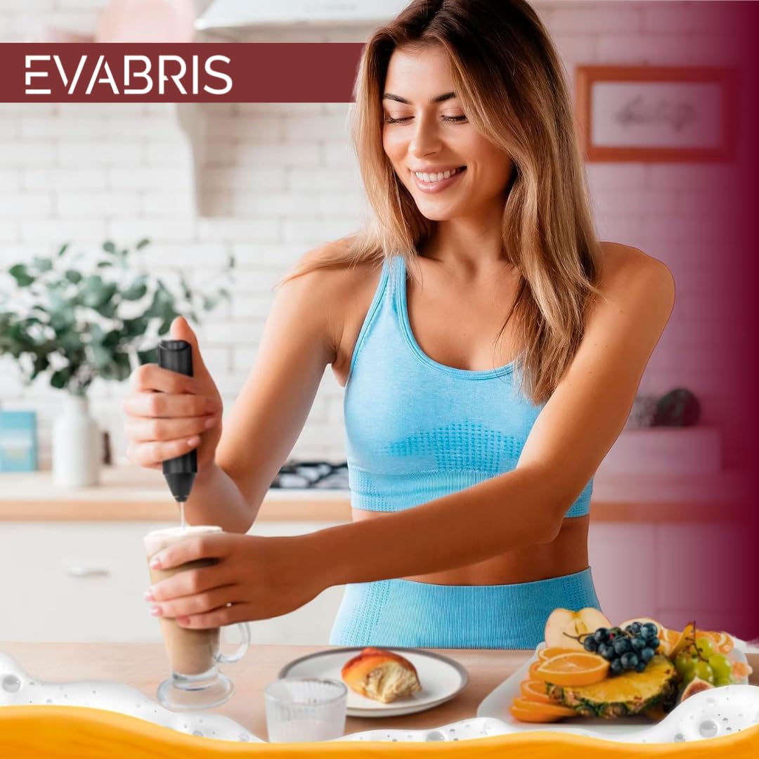 EVABRIS® Electric Milk Frother, Stainless Steel Handheld Milk Foam Maker, Battery Powered (2 AA), Portable Mini Frother for Coffee, Latte, Cappuccino - Perfect for Home, Office & Travel Use