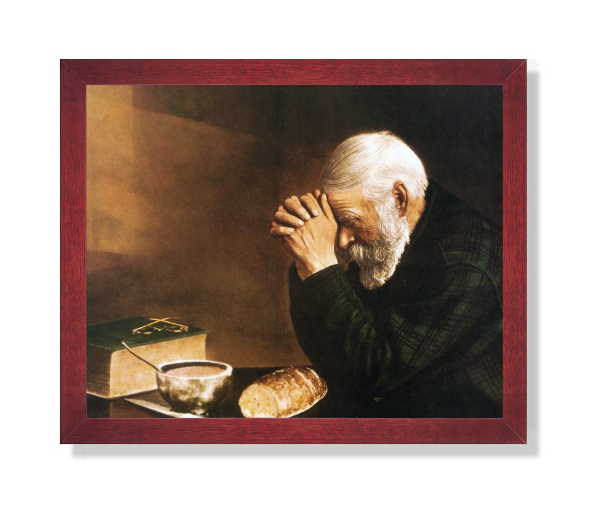 16x20 Art Print - Daily Bread Man Praying at Dinner Table Grace Religious Wall Picture with Cherry Frame - Perfect for Home Decor, Church, and Inspirational Gifts