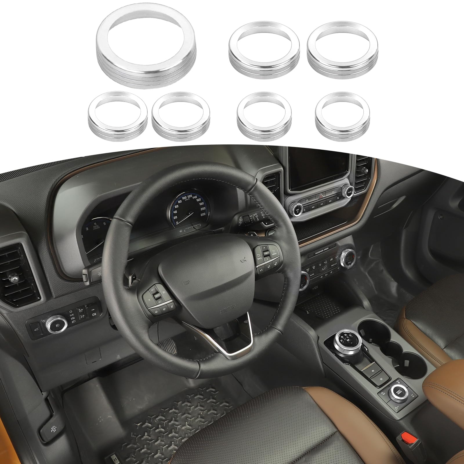 2021-2023 Ford Bronco Sport Silver AC Control Knob & Headlight Switch Cover Trim Rings - 7pcs Interior Accessories Kit (Bronco Sport Only) | Upgrade Your Ride's Dashboard & Enhance Driving Comfort