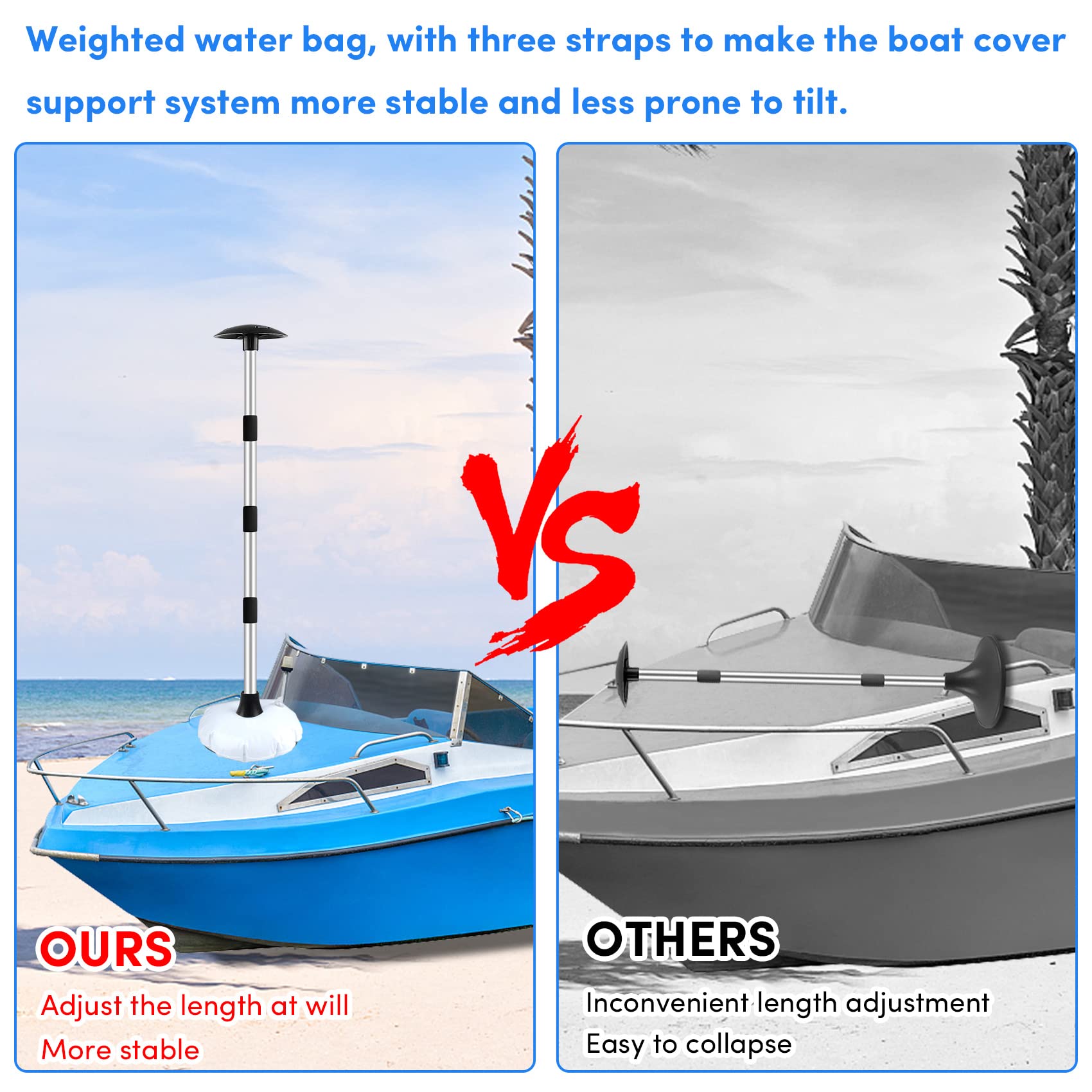 Premium Aluminum Boat Cover Support Poles 2-Pack - Adjustable Height 22” to 57.5” with Heavy-Duty Webbing Straps (Black) - Perfect for Marine Storage, Winter Boat Protection & RV Cover Support
