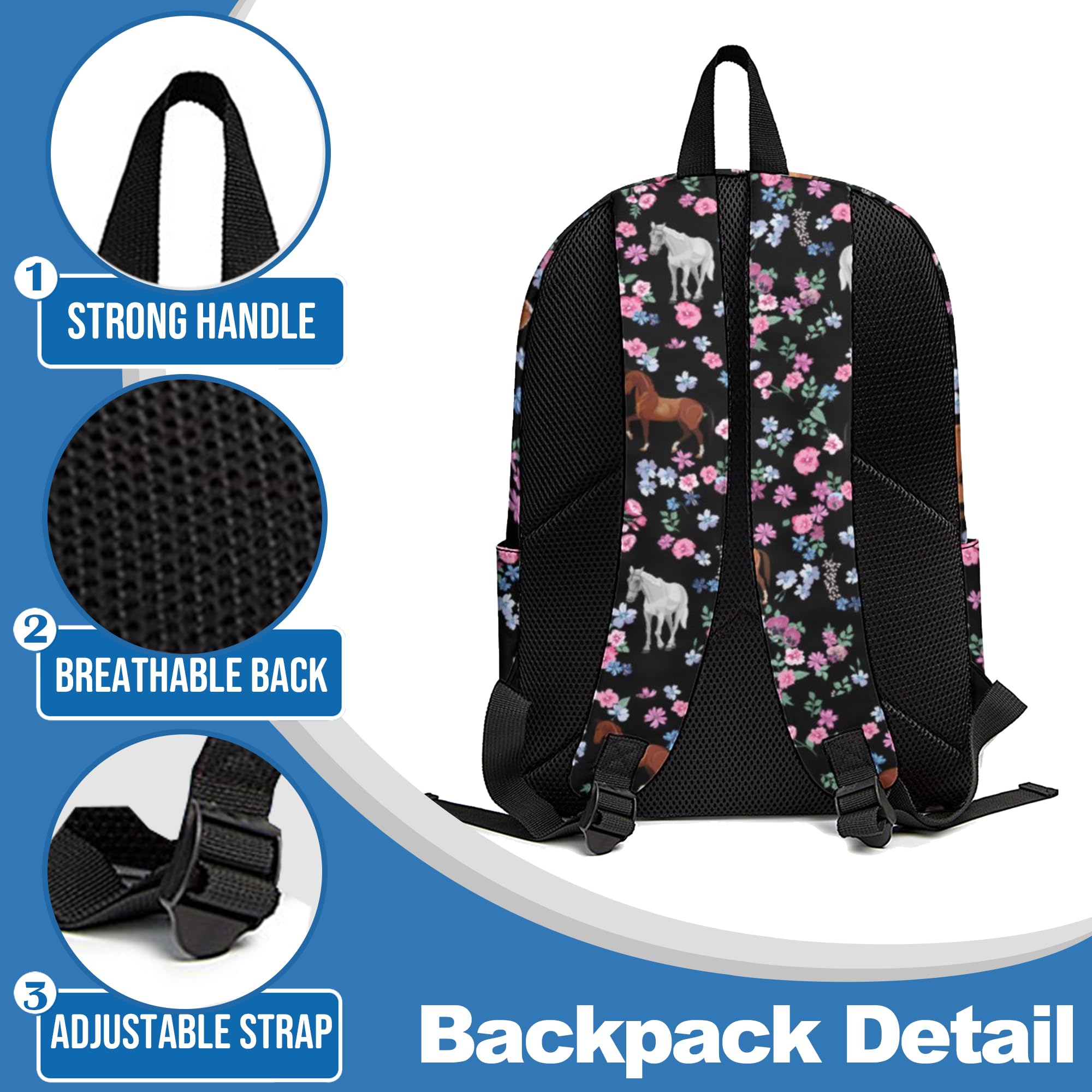 3PCS Kids Backpack Set for Boys & Girls - School Backpack with Lunch Bag & Pencil Case for Elementary & Middle School Students | Durable Bookbag for Teen Students, Perfect for School, Travel & Daily Use (Flower Horse Design)