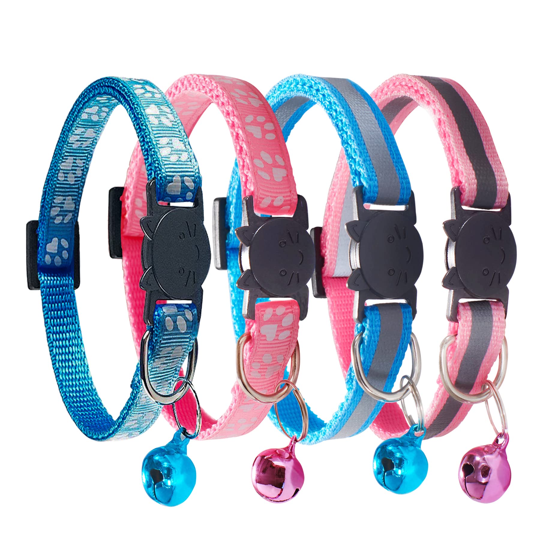 **Breakaway Cat Collars with Bell - Reflective Nylon Pet Collars for Cats & Puppies (2 Pink + 2 Sky Blue) - Safe & Comfortable for Indoor/Outdoor Adventures**