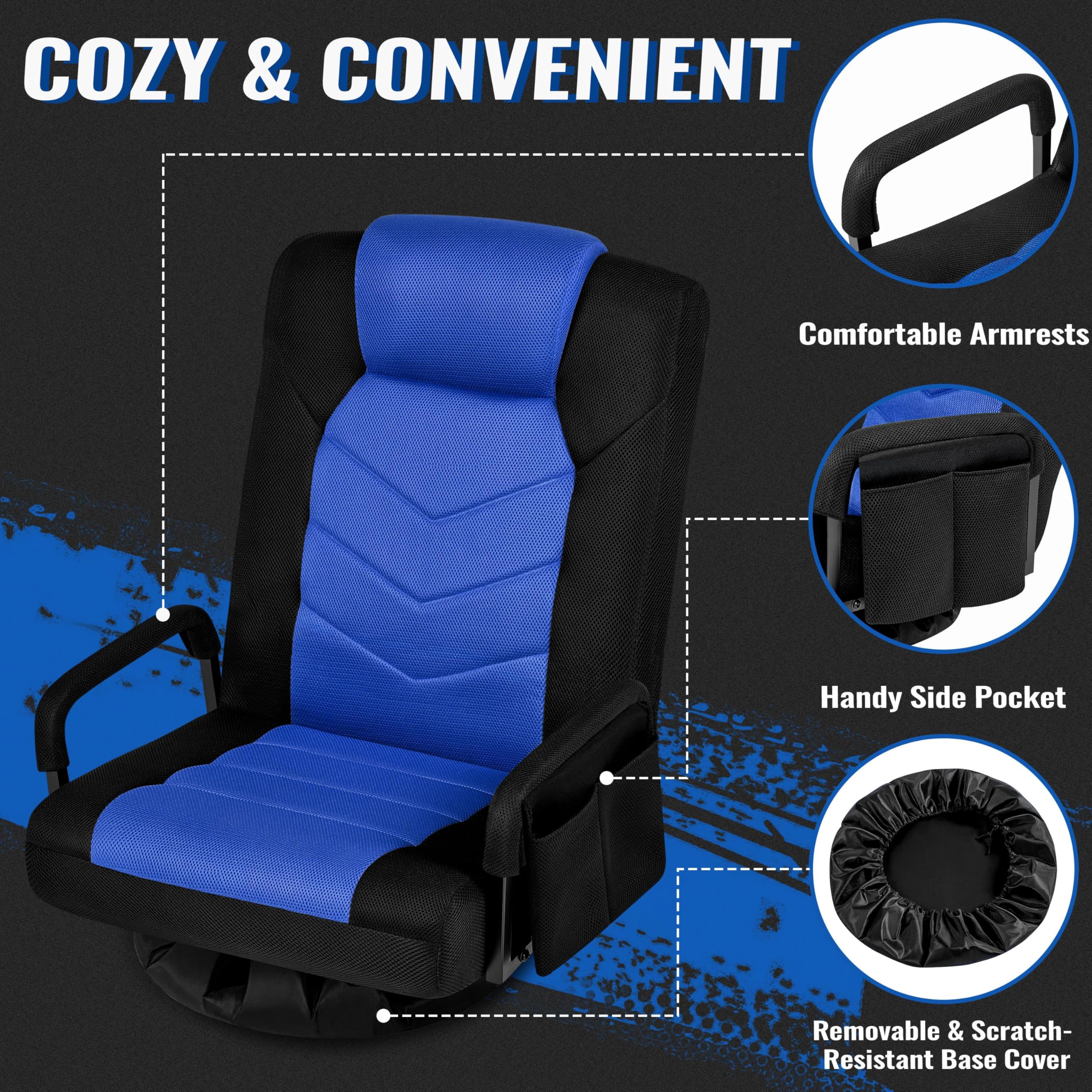 Yaheetech Ergonomic Gaming Chair - Adjustable Swivel Floor Chair with 6 Positions, Side Pocket & Armrests for Video Games, TV Watching, Reading | Perfect for Gamers, Home Theater & Living Room Relaxation