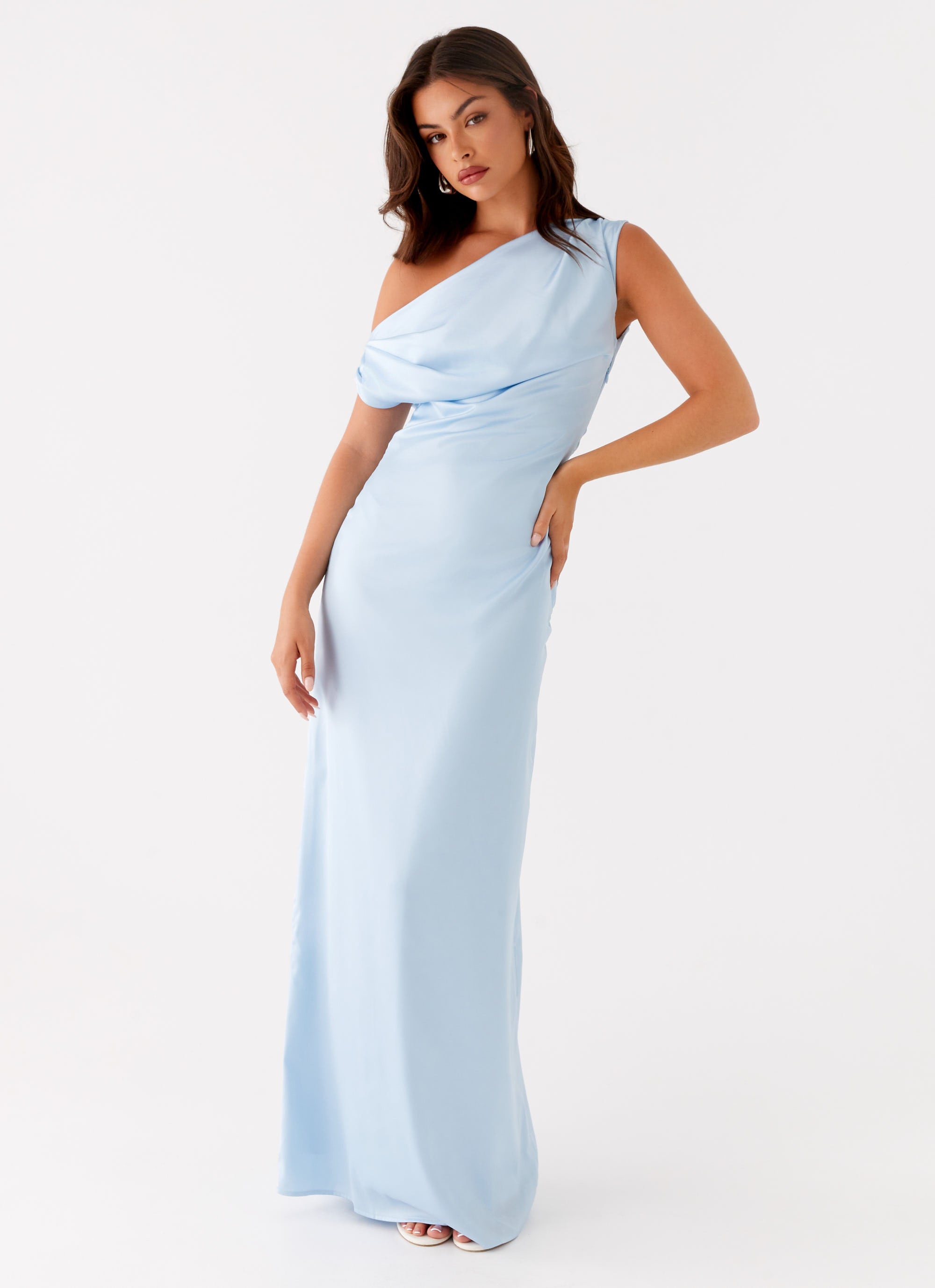 Heart of Glass Satin Maxi Dress in Blue - Elegant Formal Gown for Evening Parties, Weddings & Special Occasions