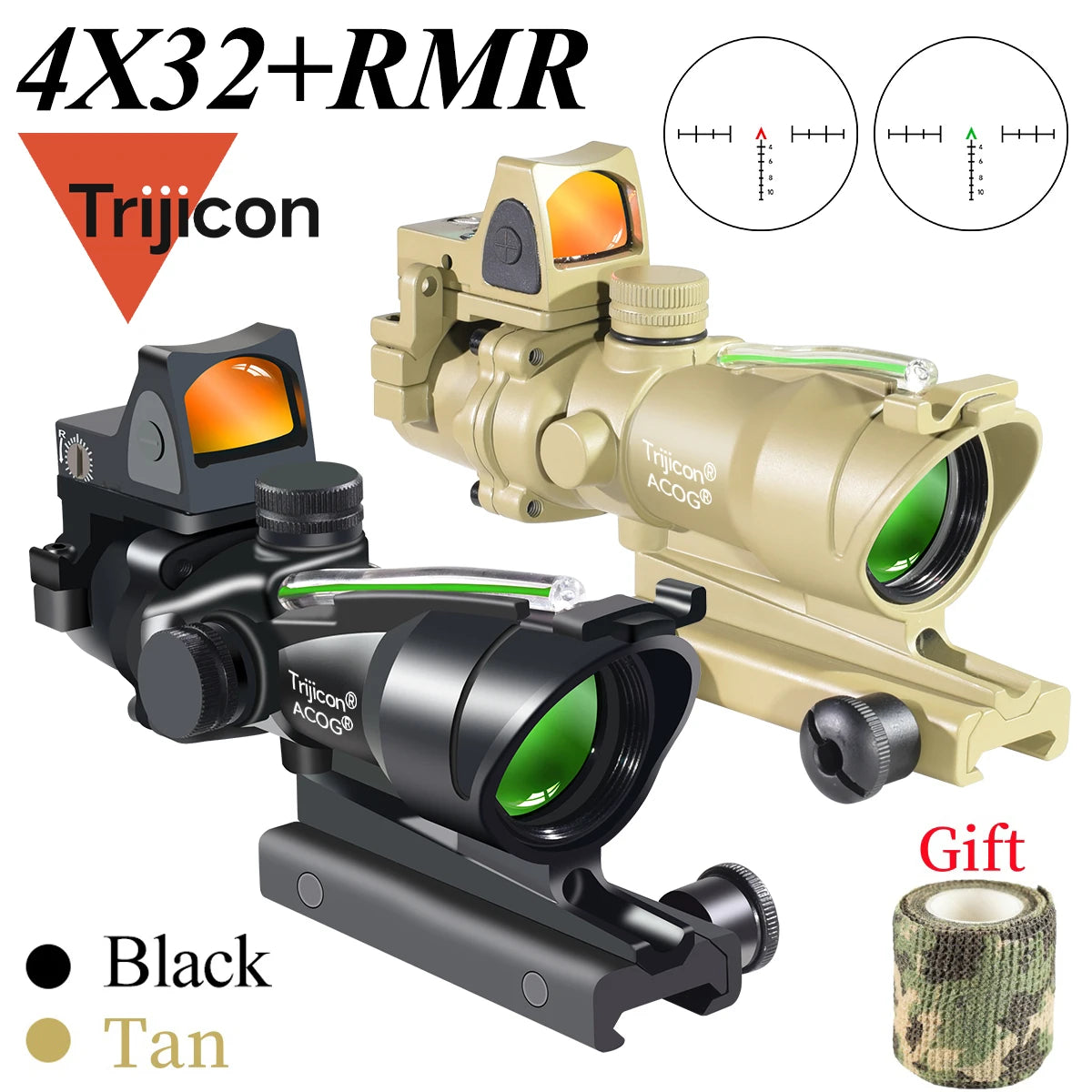 Trijicon 4x32 ACOG Scope with Red/Green Fiber Optic & Etched Reticle - Tactical Rifle Sight with RMR Red Dot for Airsoft & Hunting | Perfect for Close Quarters Combat & Long-Range Shooting