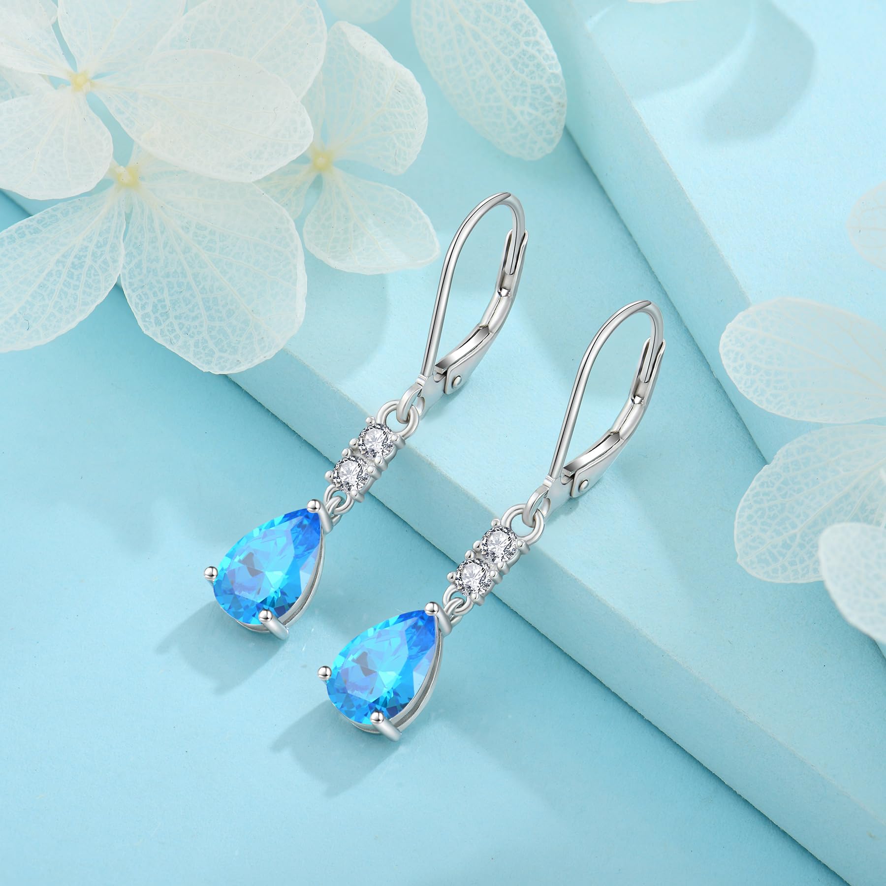 925 Sterling Silver Teardrop Birthstone Leverback Earrings for Women - Dangle Drop FJ Earrings Jewelry Gift for Girls, Mother's Day, Anniversary & Special Occasions