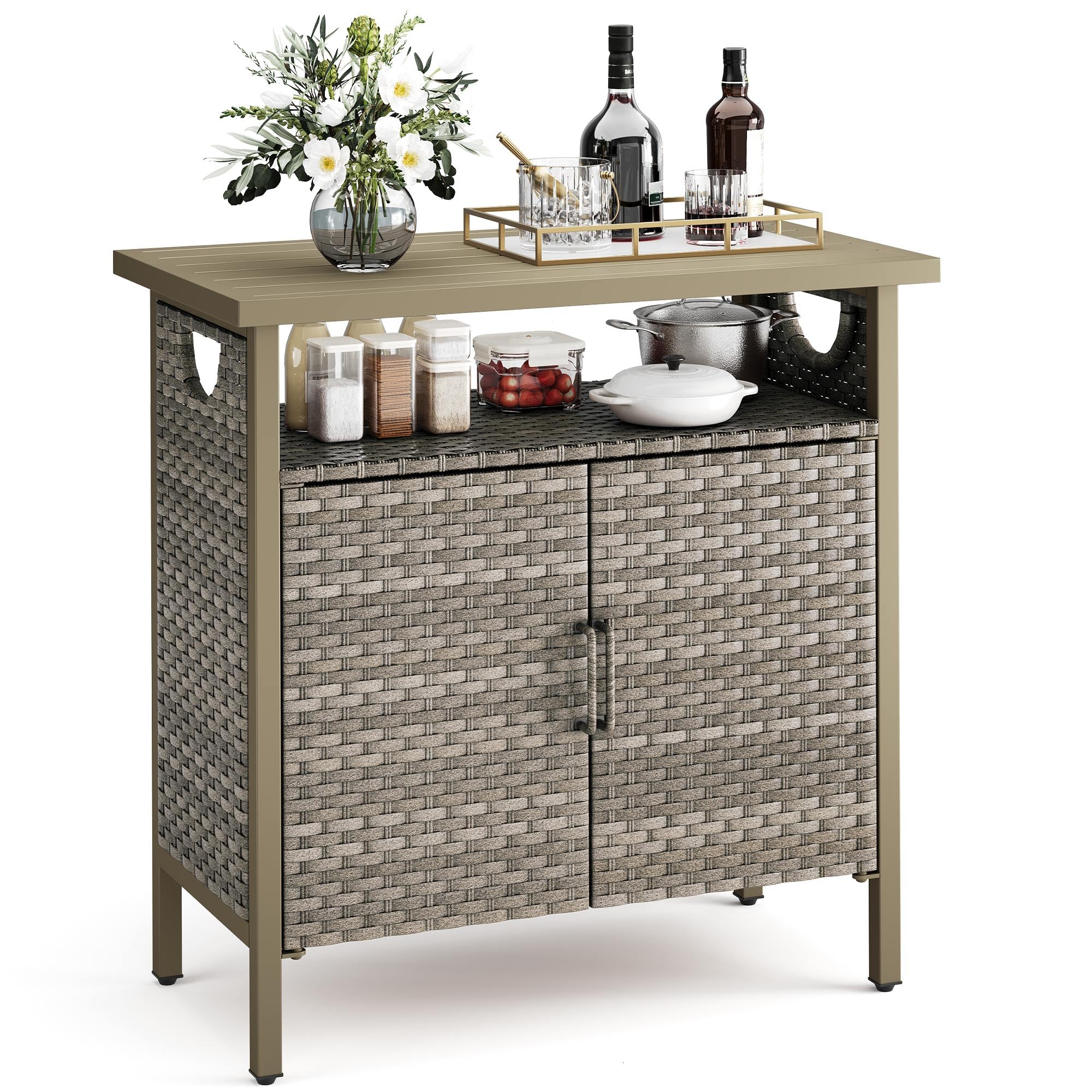 YITAHOME Outdoor Storage Cabinet with Cushion Bench - Weather-Resistant Wicker Patio Deck Storage Table for Pool Tools, Garden Supplies & Outdoor Accessories - Perfect for Backyard, Deck, and Poolside Organization (Brown)