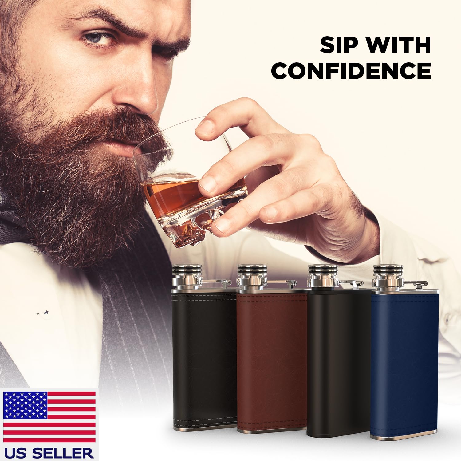 Brown PU Leather 8oz Grip Cap Pocket Flask with Funnel (2-Pack) - Perfect for Bourbon, Whiskey & Outdoor Adventures | Camping, Hiking, Travel & Gifts