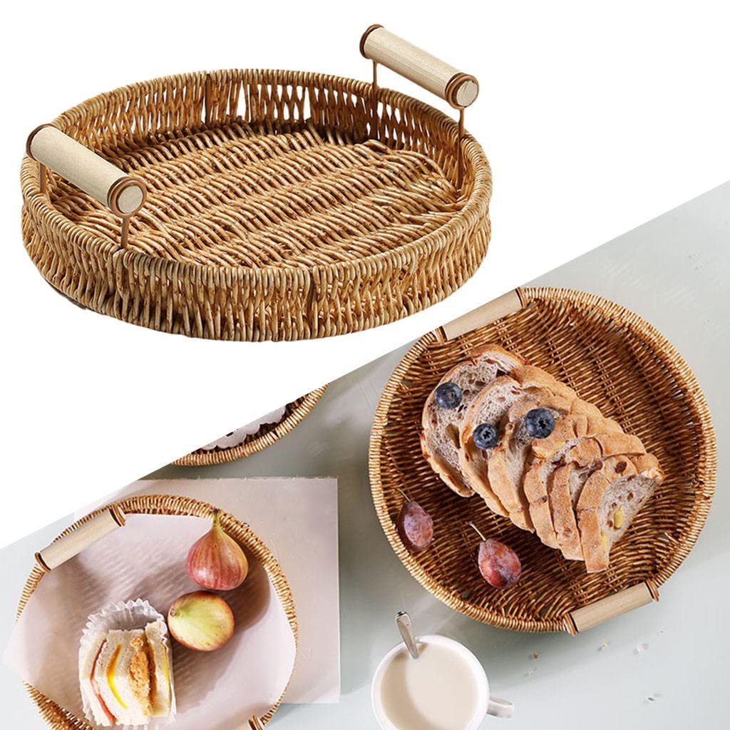 Hand-Woven Wicker Rattan Serving Tray with Handles - 24cm Round Storage Basket for Bread, Fruits, Snacks & Breakfast - Perfect for Kitchen Organization, Dining Table Decor & Picnic Serving