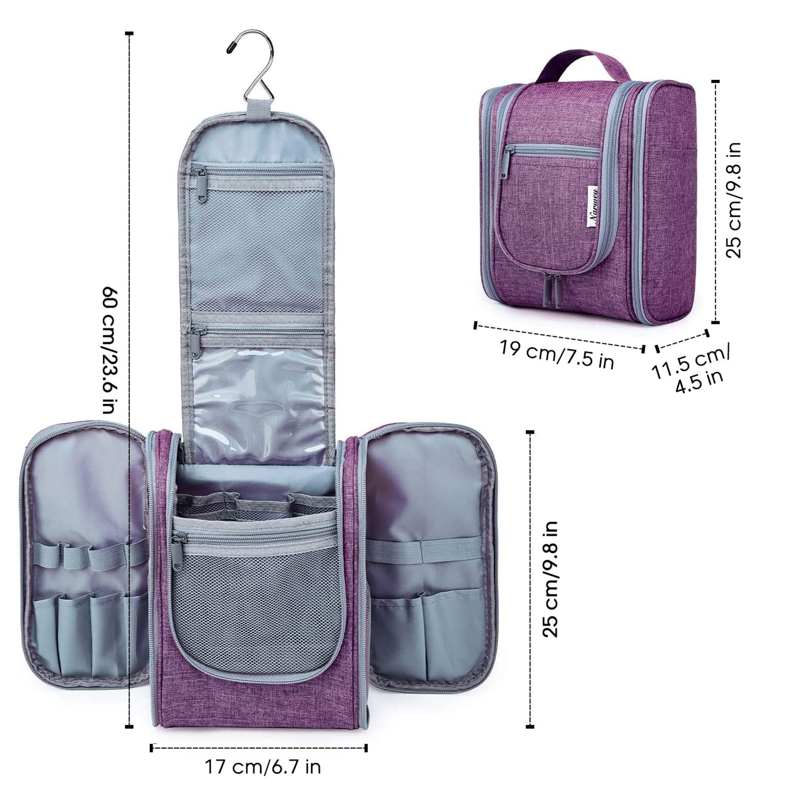 Narwey Small Hanging Toiletry Bag for Women - Travel Makeup Organizer with Multiple Pockets - Perfect for Cosmetics, Toiletries & Travel Essentials (Medium, Dark Purple) | Ideal for Airplane Carry-On, Gym, Camping & Vacation Trips