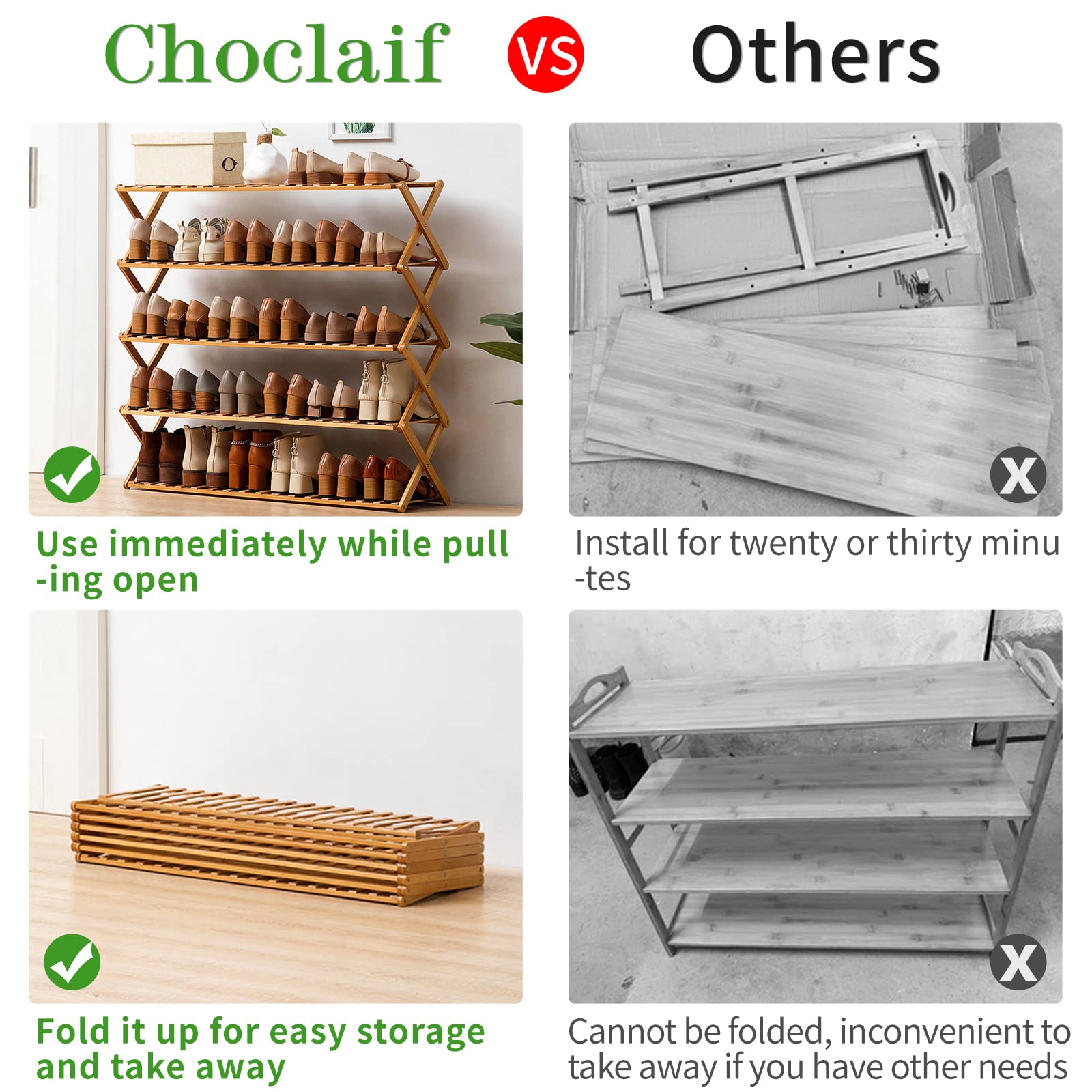 Choclaif 5-Tier Bamboo Shoe Rack - Free Standing Shoe Organizer for Closet, Bedroom, Entryway & Hallway - Space Saving Shoe Shelf for Living Room Storage | Perfect for Small Spaces & Home Organization